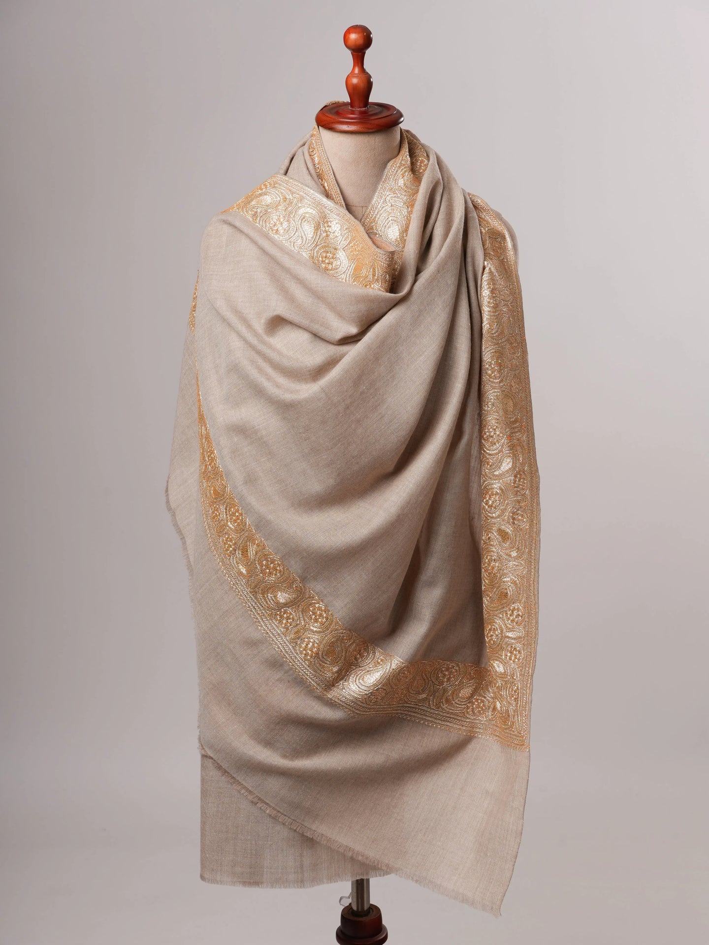 Natural Grey Daurdar Handloomed Pashmina Shawl with Gold Tilla Embroidery Shahkaar