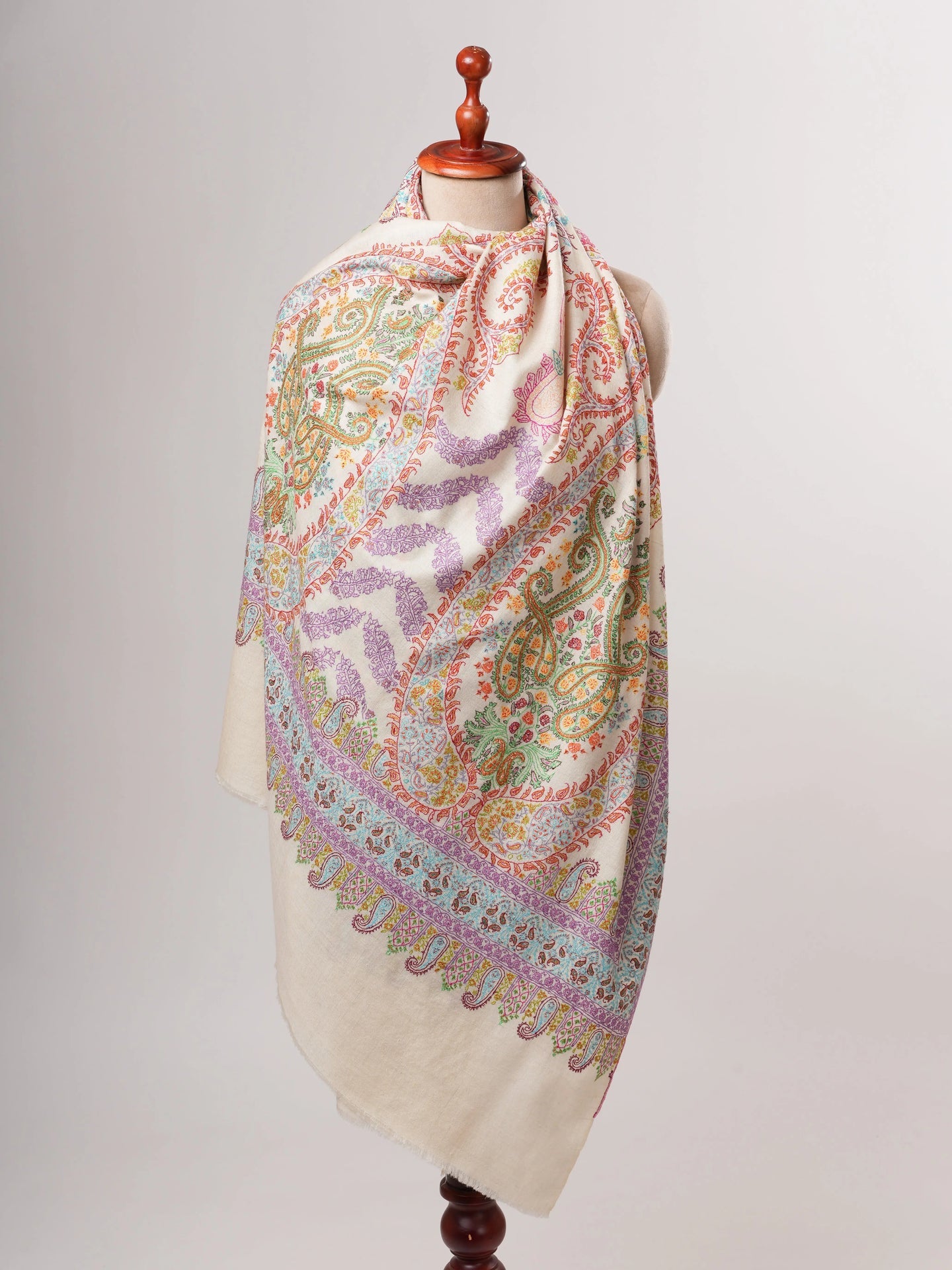 Natural Ivory Pashmina Shawl with Vivid Hand Embroidery Shahkaar
