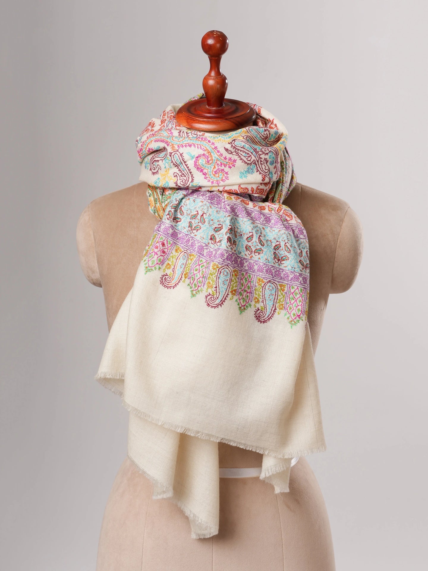 Natural Ivory Pashmina Shawl with Vivid Hand Embroidery Shahkaar