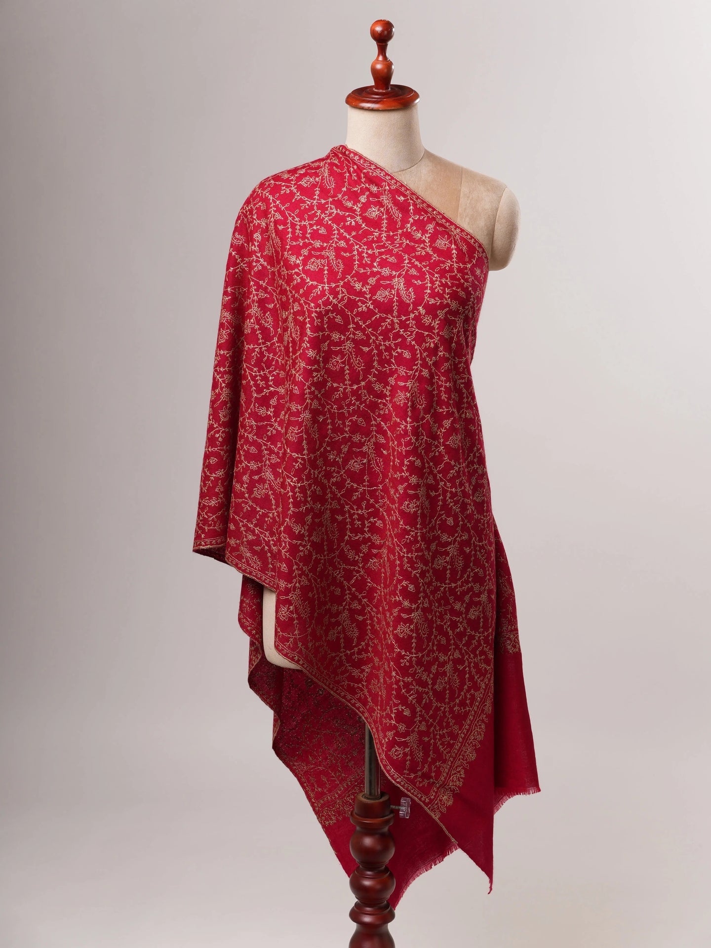 Red Cashmere Scarf with Hand-Embroidered Sozni Jali Shahkaar
