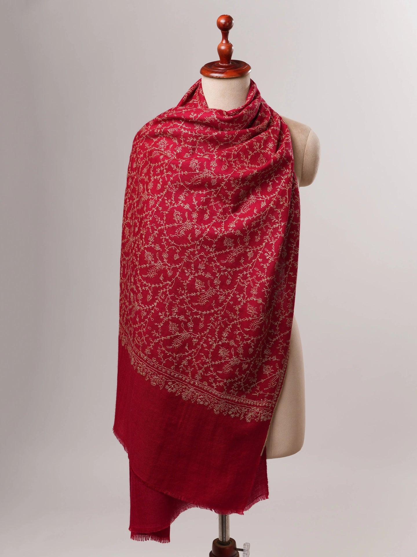 Red Cashmere Scarf with Hand-Embroidered Sozni Jali Shahkaar