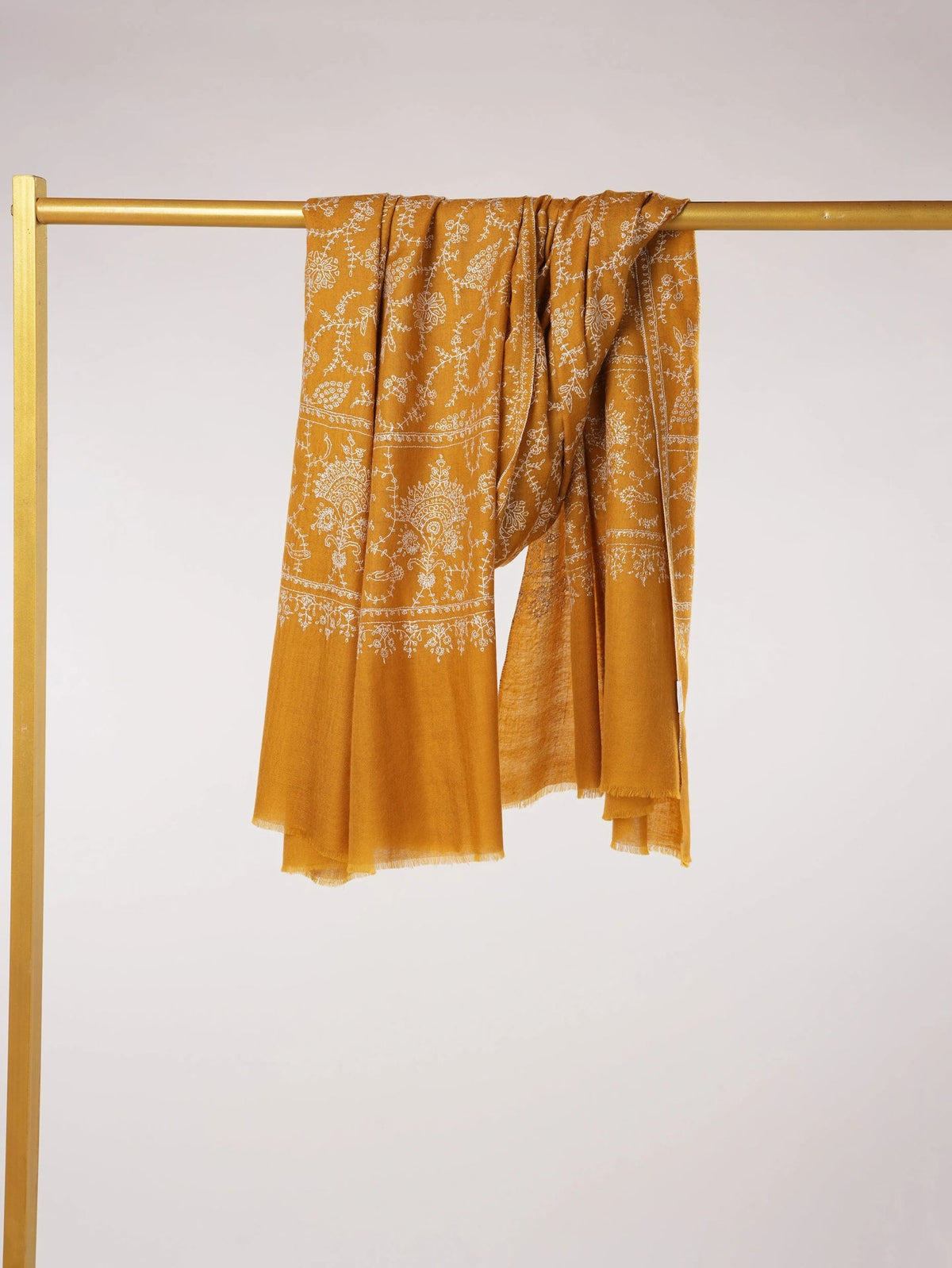 Mustard Jali Pashmina Shawl Handwoven in Kashmir with Hand Embroidery Shahkaar.com