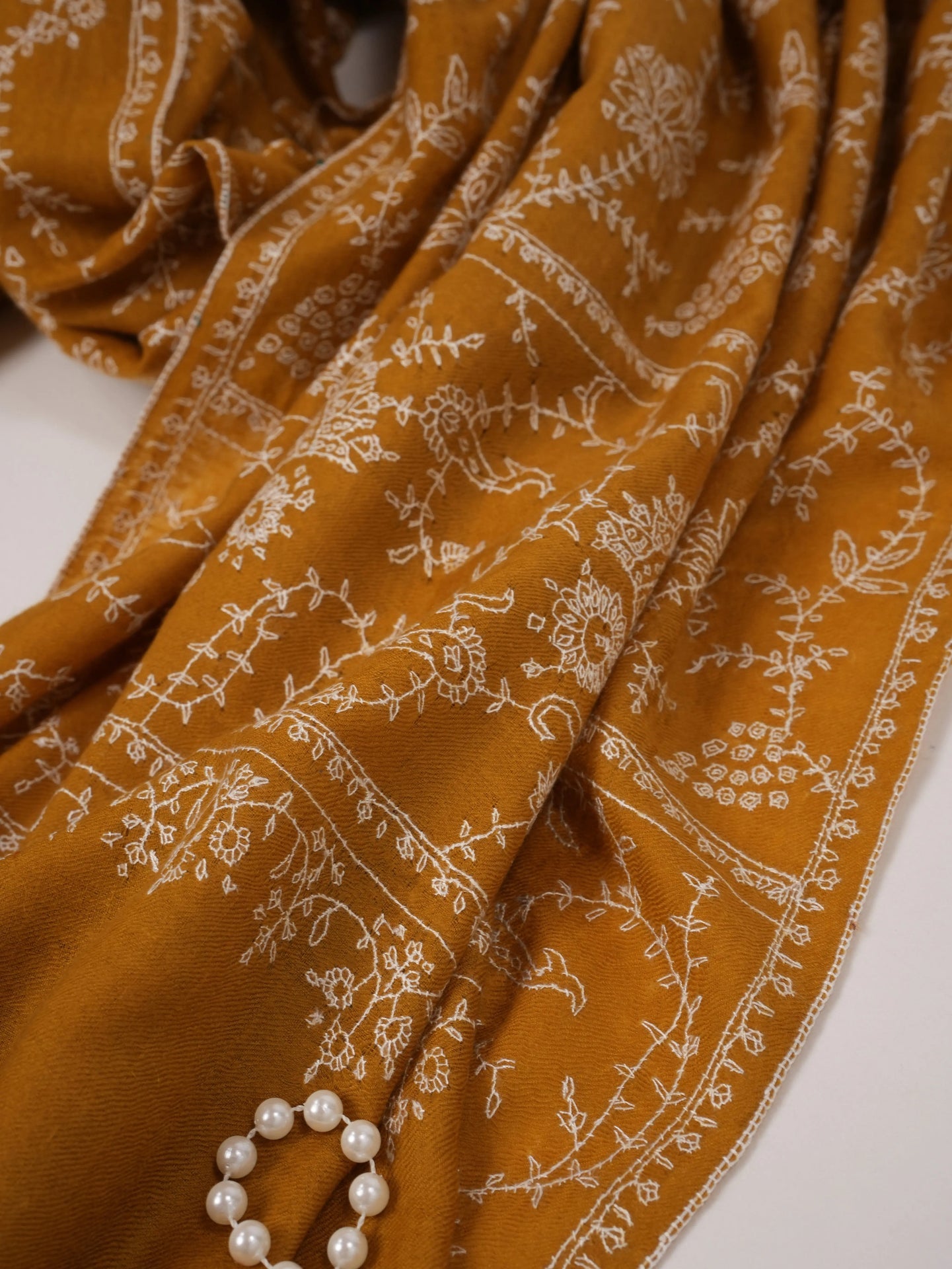 Mustard Jali Pashmina Shawl Handwoven in Kashmir with Hand Embroidery Shahkaar.com