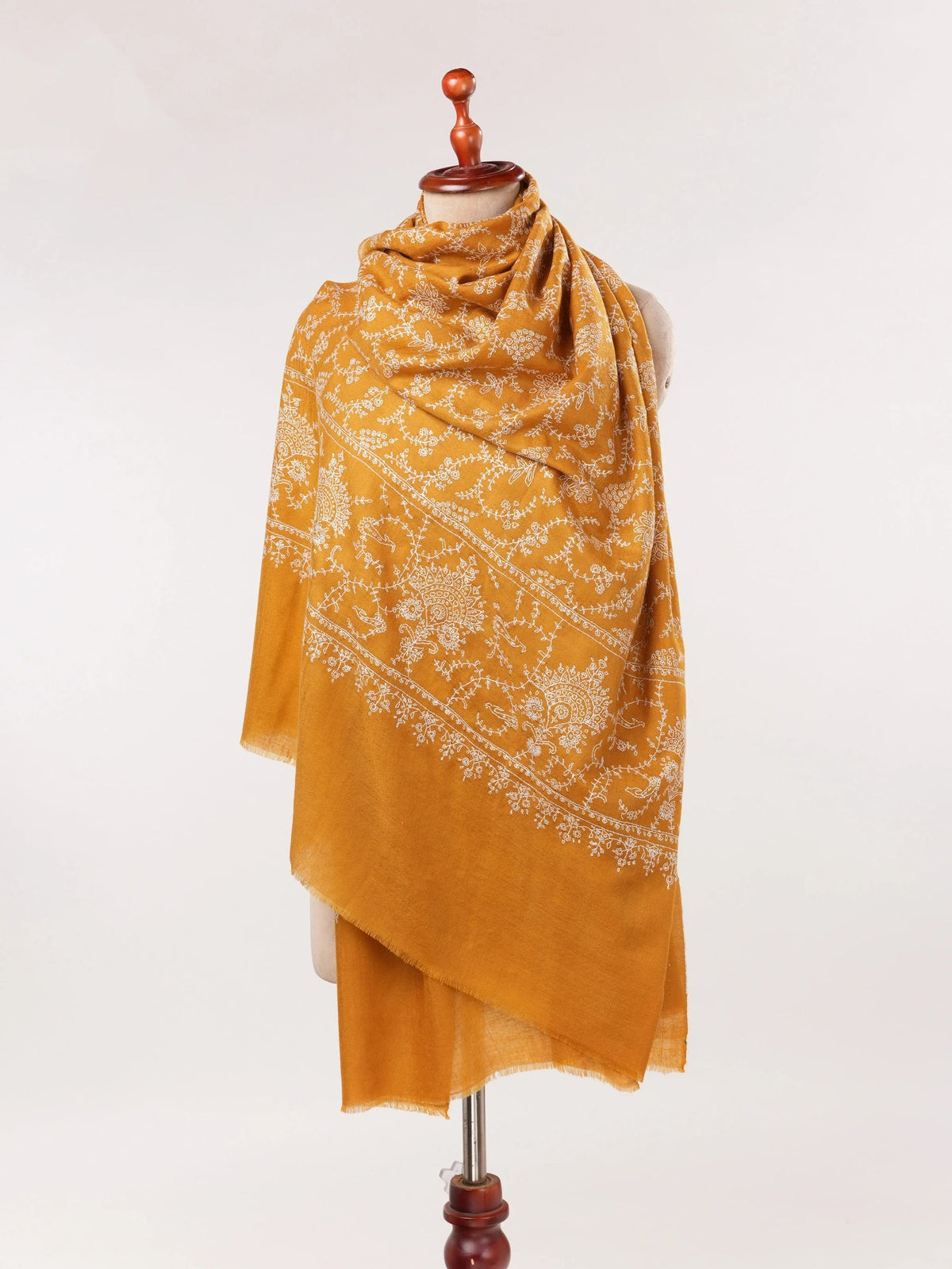 Mustard Jali Pashmina Shawl Handwoven in Kashmir with Hand Embroidery Shahkaar.com