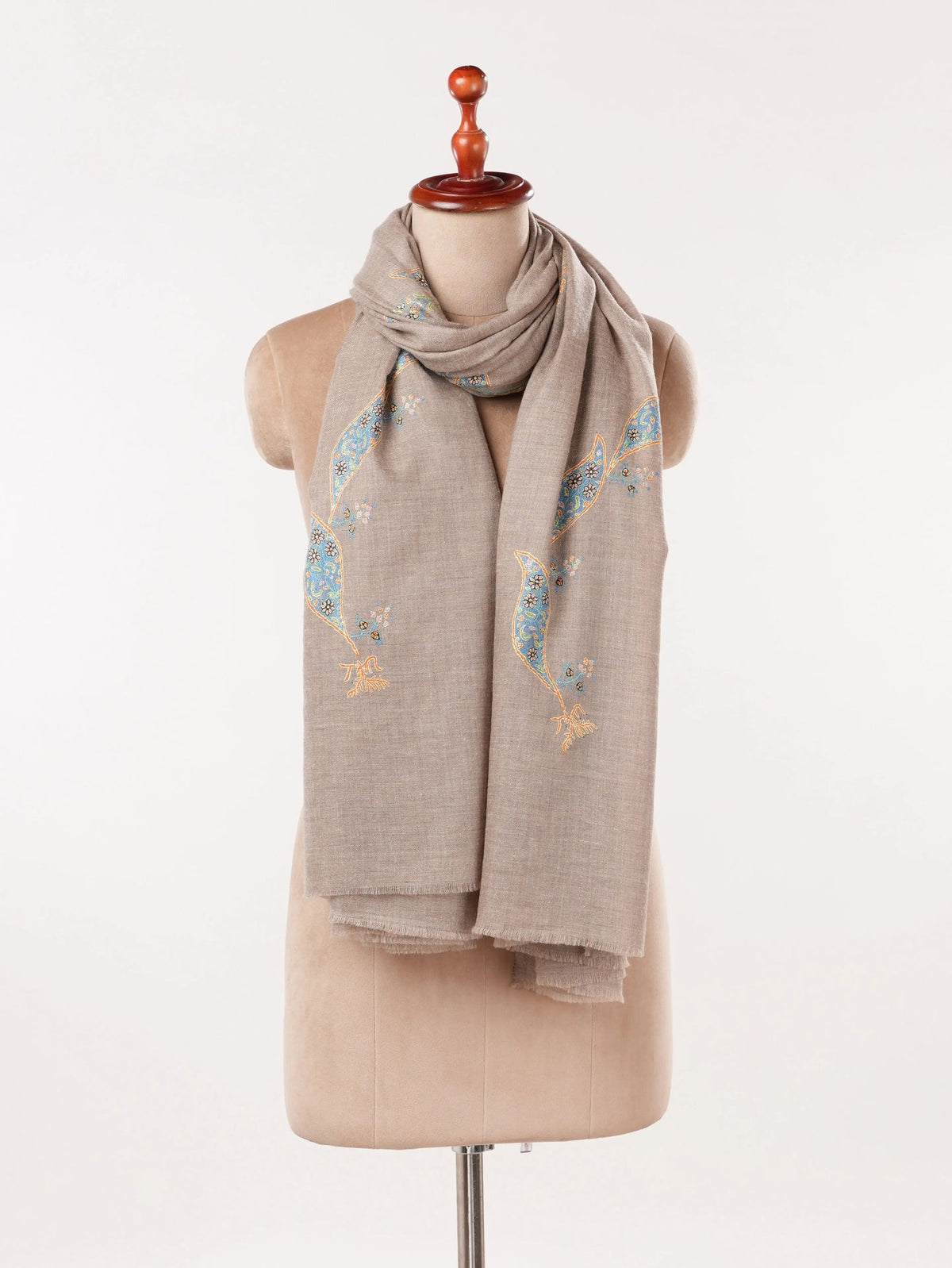 Beige Authentic Handwoven Pashmina Shawl with Buteh Hand Embroidery