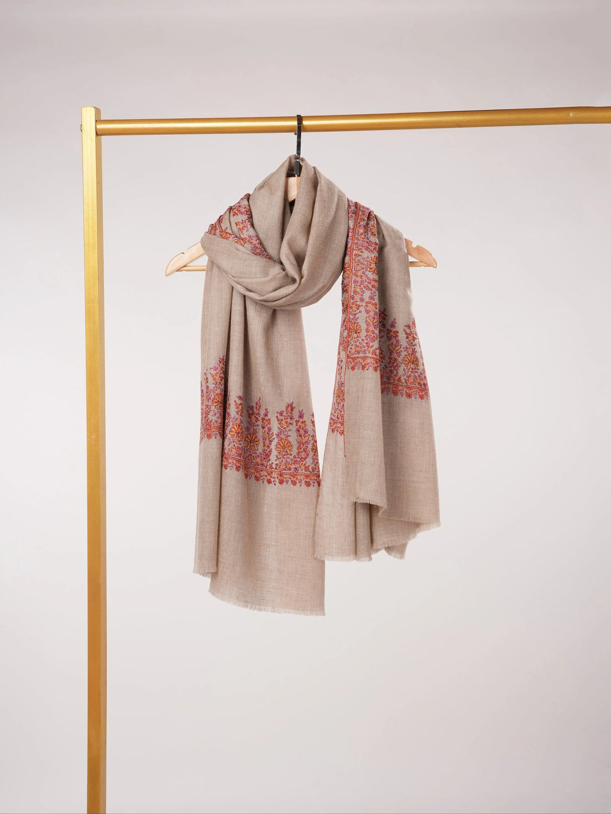 Sozni Daurdar Embroidered Natural Taupe Feather Light Pashmina Shawl Shahkaar.com