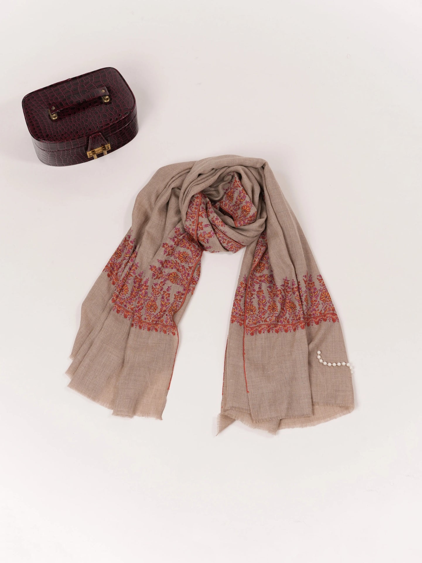 Sozni Daurdar Embroidered Natural Taupe Feather Light Pashmina Shawl Shahkaar.com