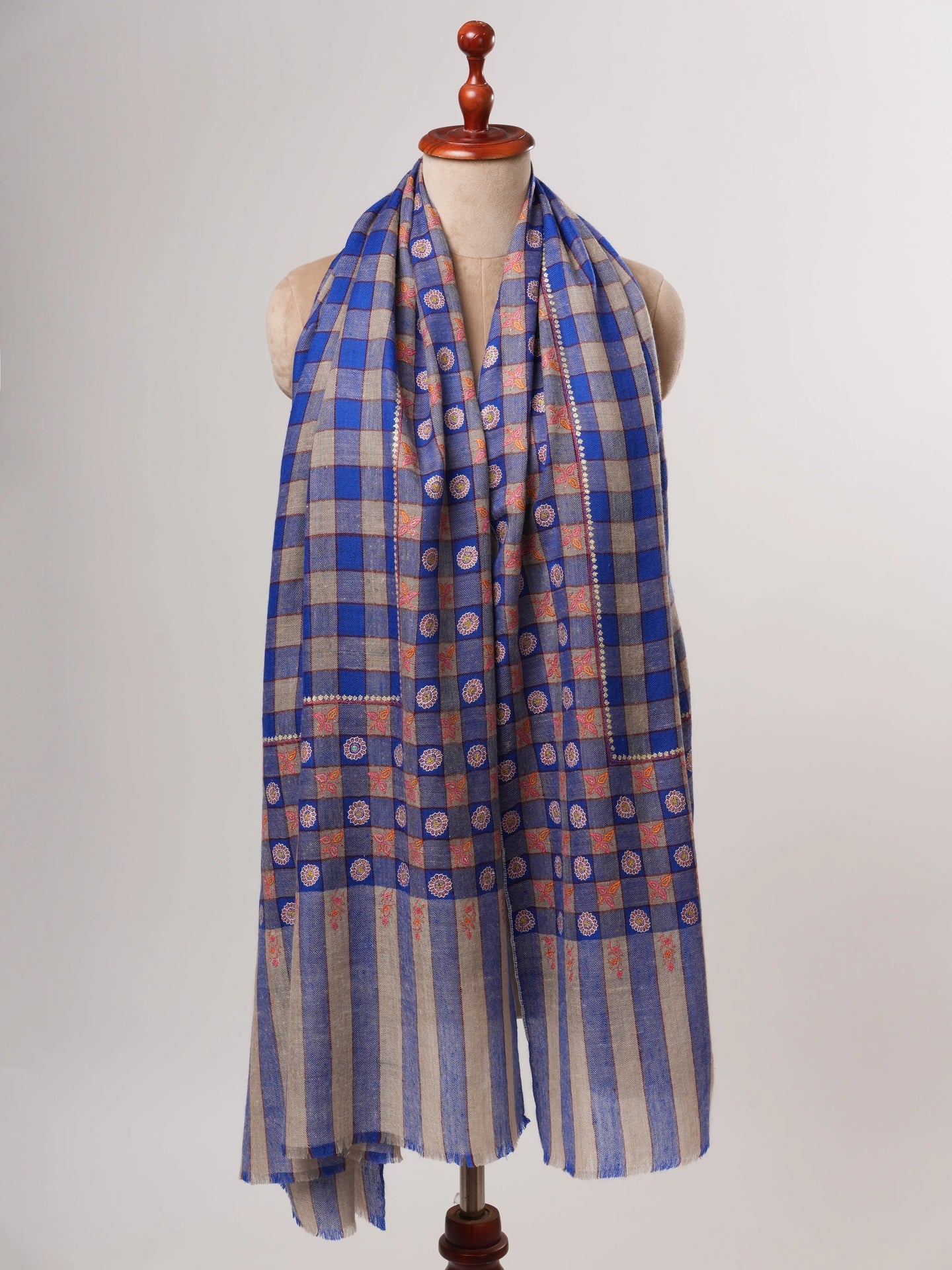 Blue Check Pashmina Shawl – Handwoven with Sozni Embroidery Shahkaar