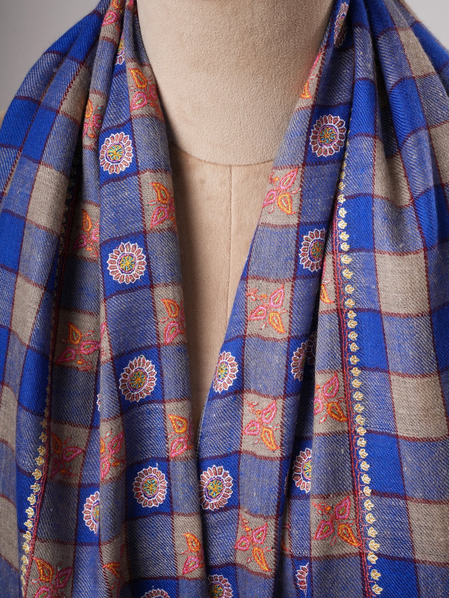 Blue Check Pashmina Shawl – Handwoven with Sozni Embroidery Shahkaar