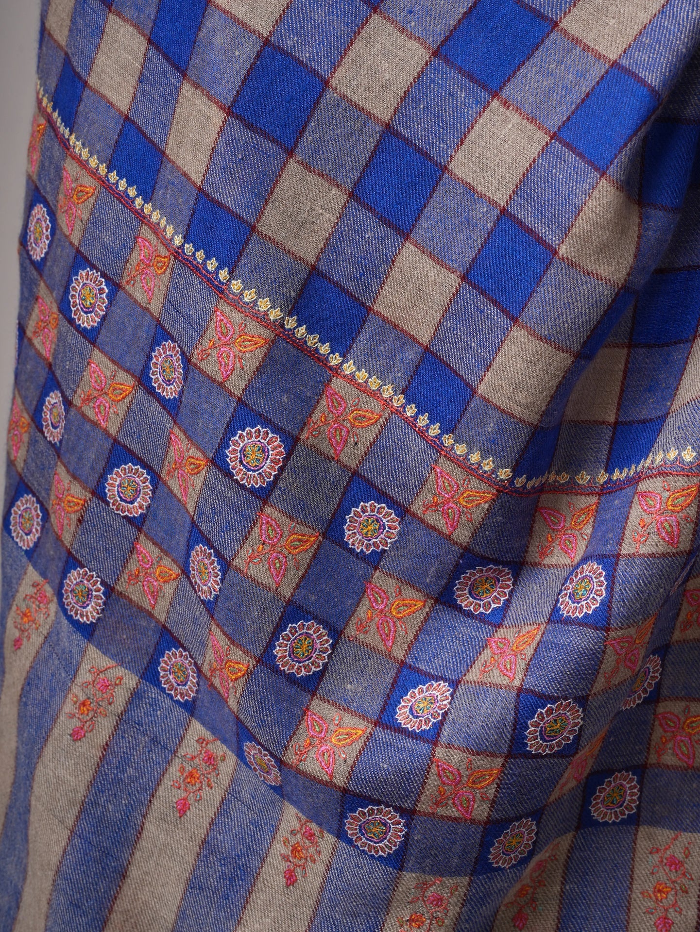 Blue Check Pashmina Shawl – Handwoven with Sozni Embroidery Shahkaar