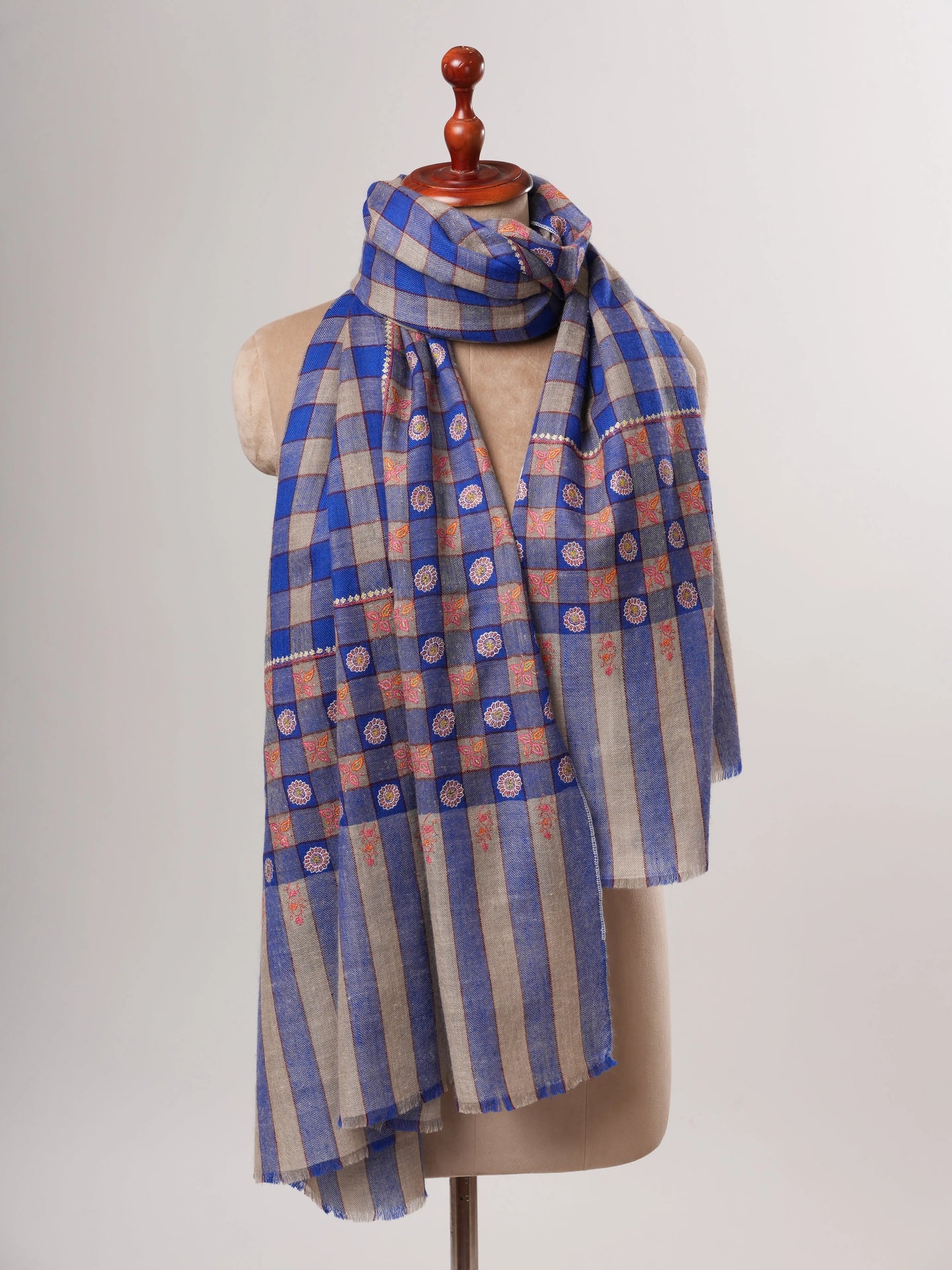 Blue Check Pashmina Shawl – Handwoven with Sozni Embroidery Shahkaar