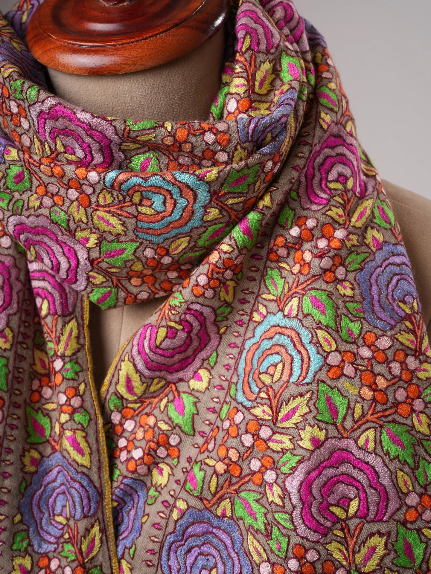 Natural Grey Pashmina Shawl with Floral Papier Mâché Hand Embroidery Shahkaar