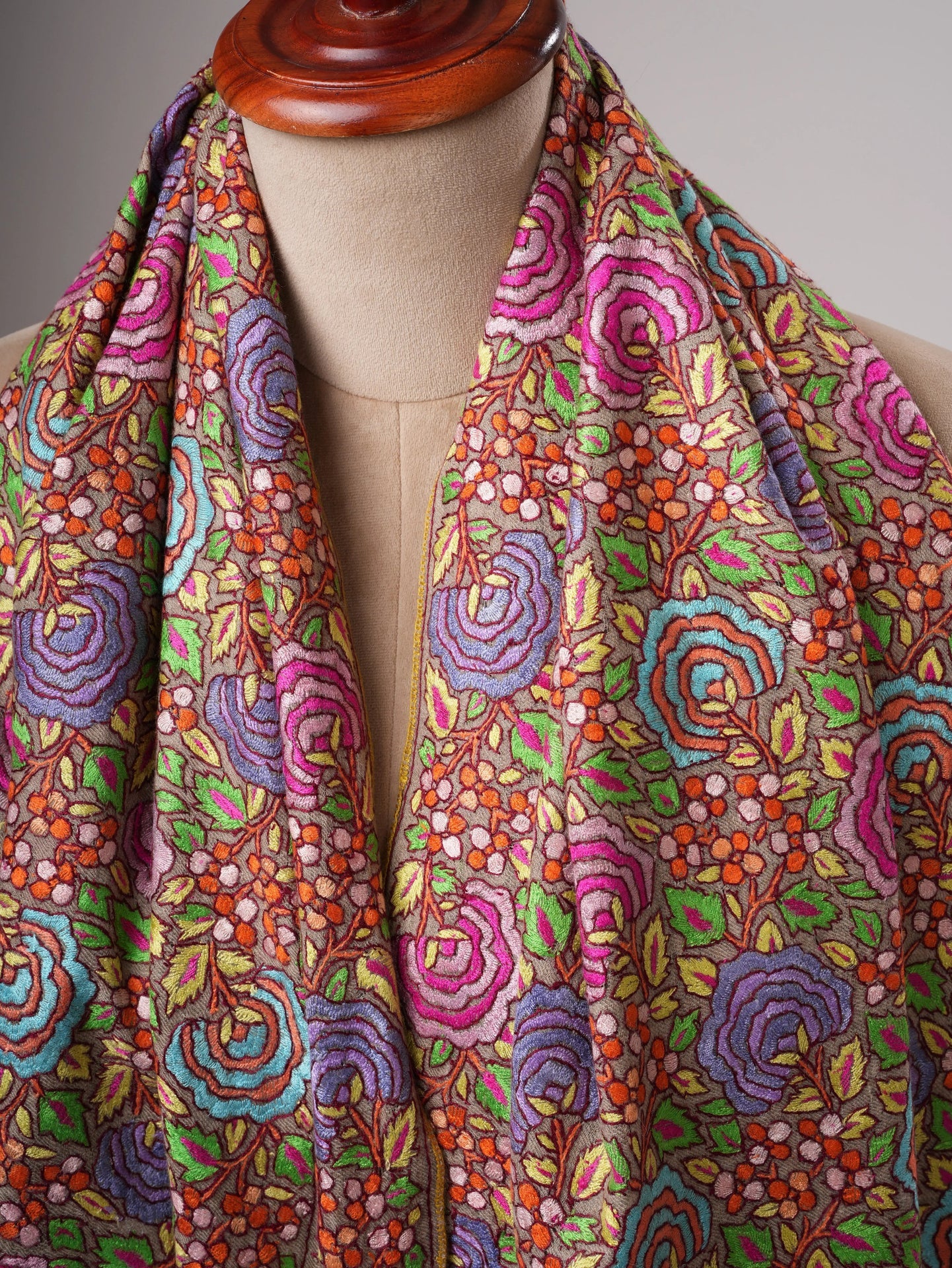 Natural Grey Pashmina Shawl with Floral Papier Mâché Hand Embroidery Shahkaar