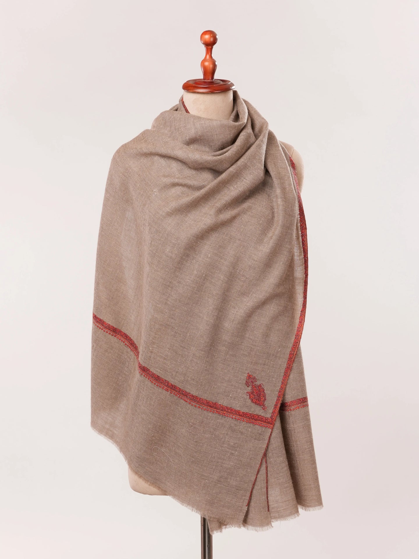 Rare Dark Taupe Baby Soft Cashmere Scarf with Hand Embroidery Shahkaar.com