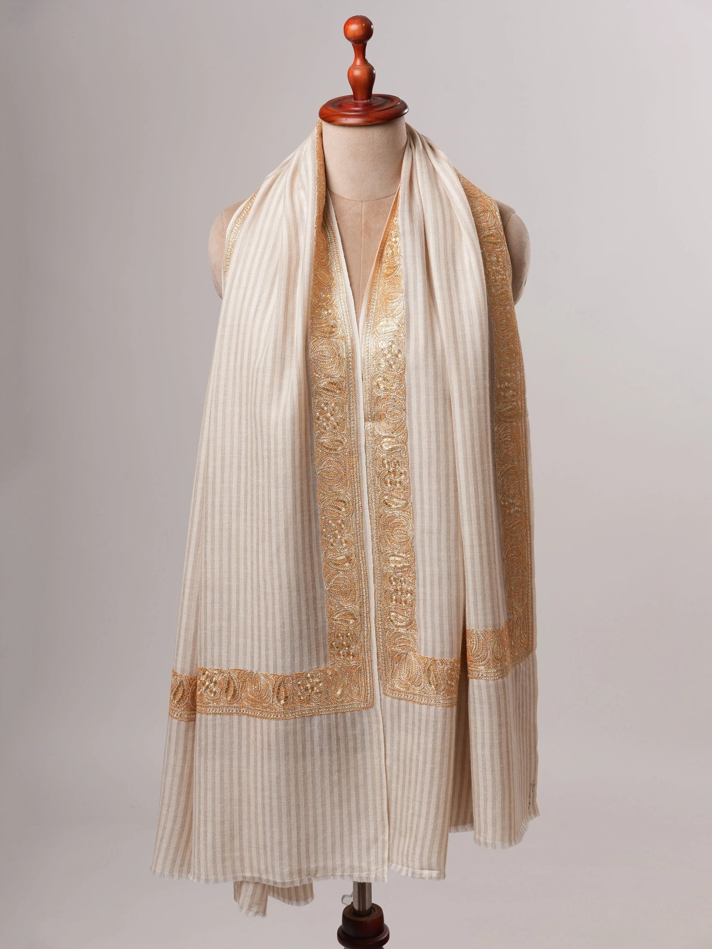 Striped Pashmina Shawl with Hand Embroidered Tilla Work in Floral Paisley Motifs Shahkaar