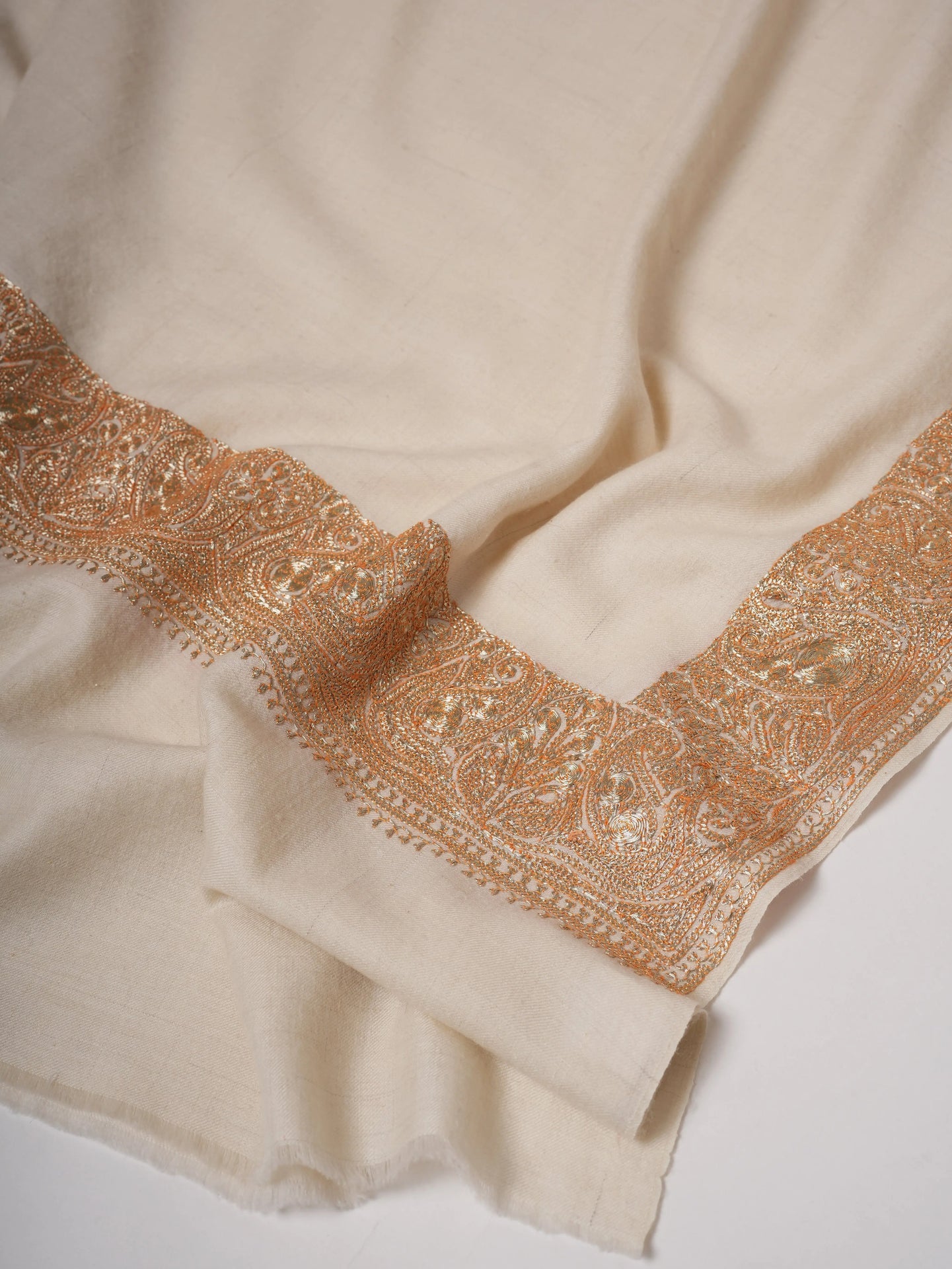 Natural Ivory Pashmina Shawl with Daurdar Gold Tilla Embroidery Shahkaar