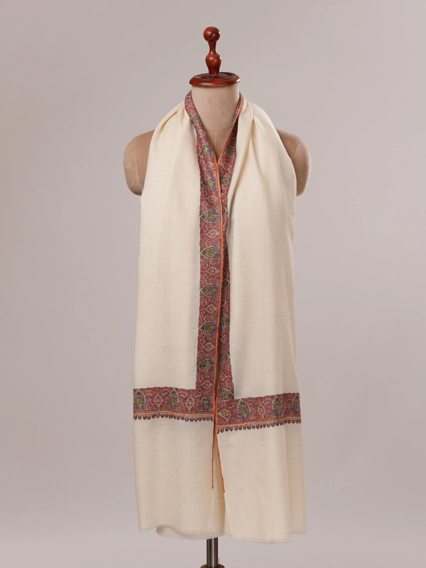 Hand Embroidered Off White Neemdaur Pure Pashmina Shawl Shahkaar.com
