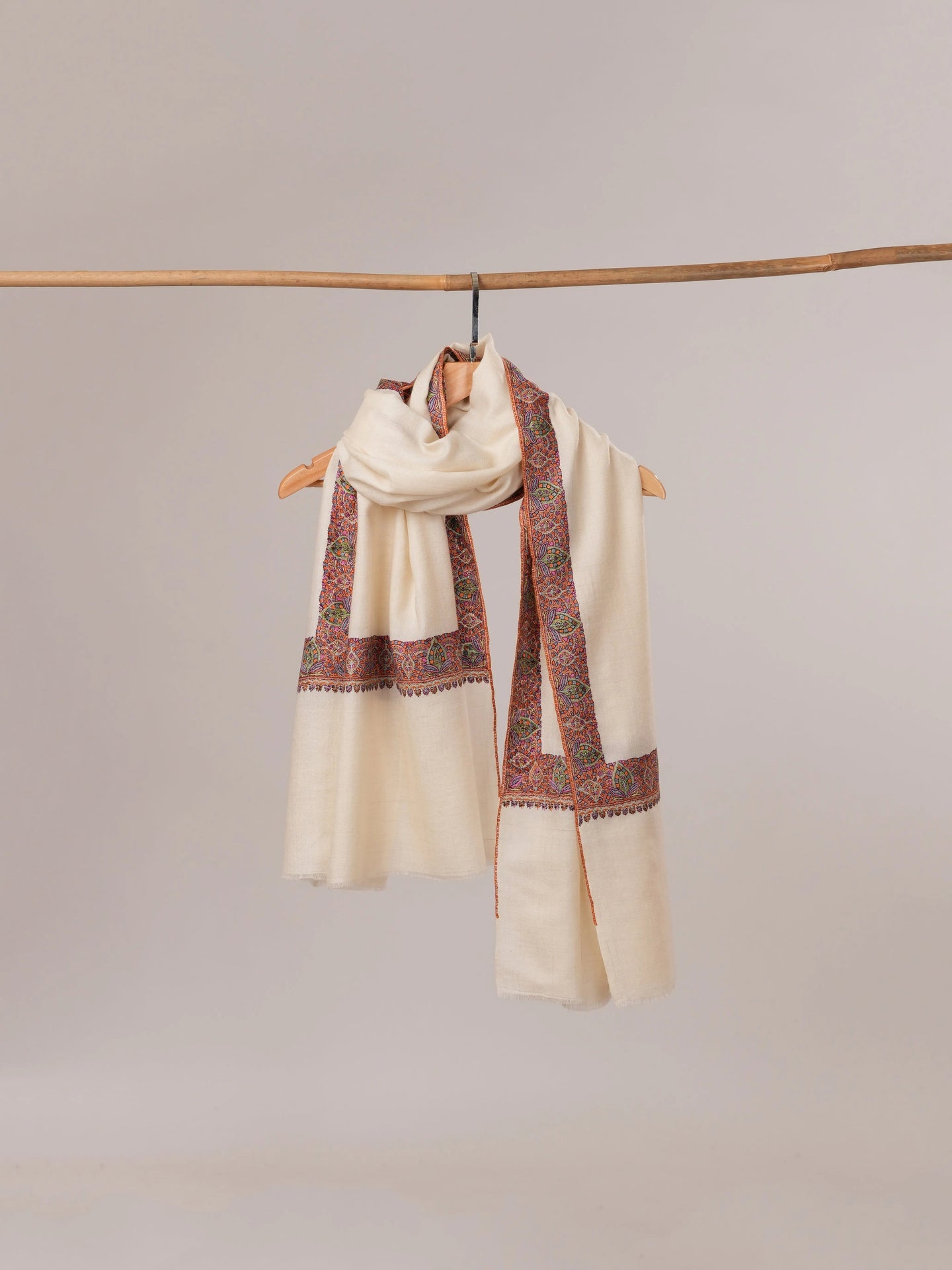 Hand Embroidered Off White Neemdaur Pure Pashmina Shawl Shahkaar.com