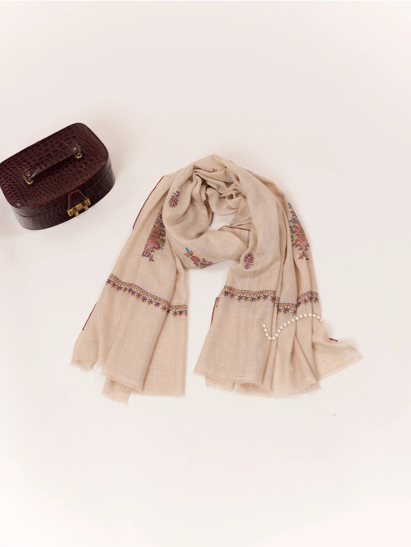 Natural Off White Handwoven Pashmina Shawl with Kashmiri Buteh Hand Embroidery Shahkaar.com