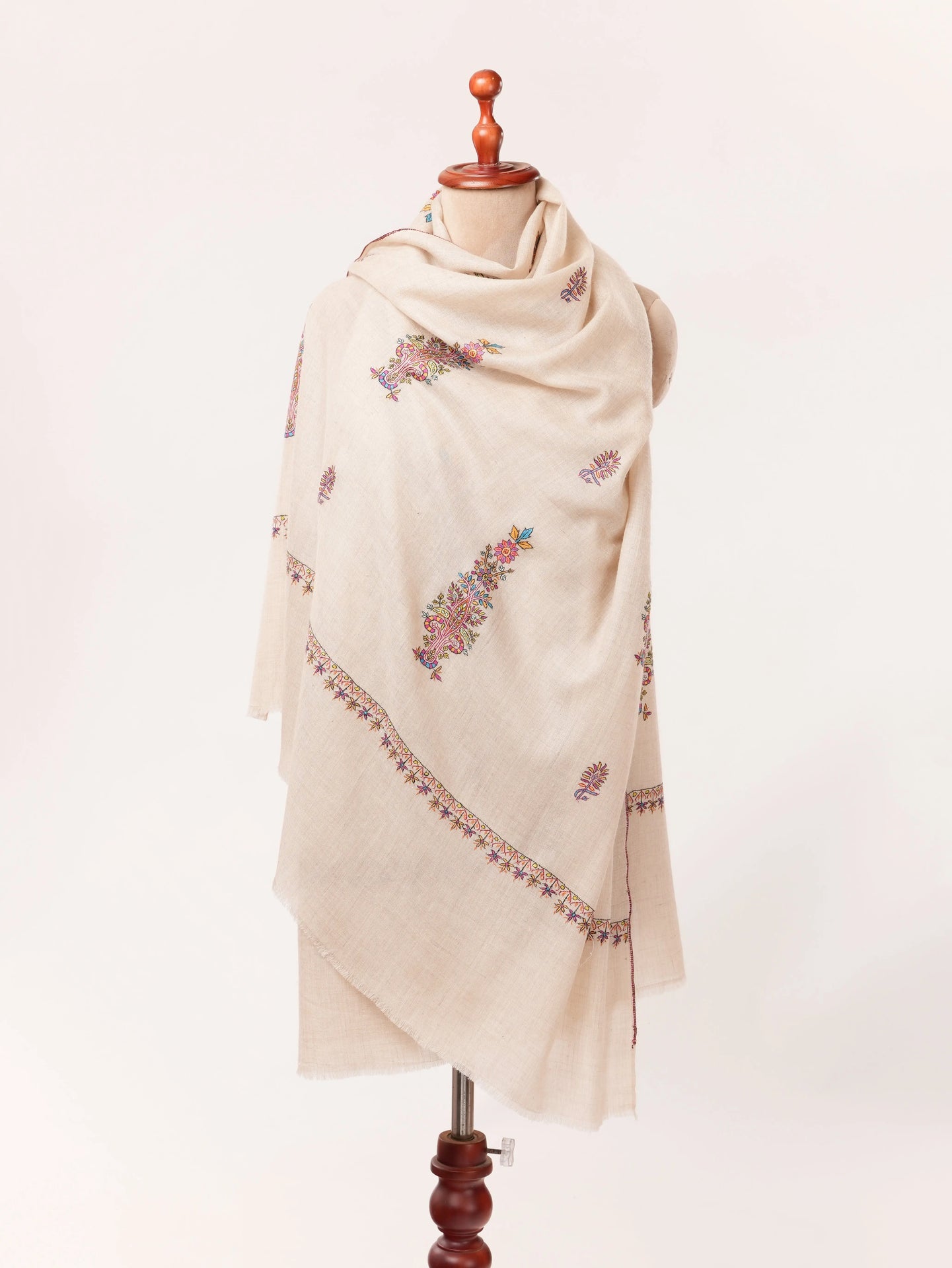 Natural Off White Handwoven Pashmina Shawl with Kashmiri Buteh Hand Embroidery Shahkaar.com