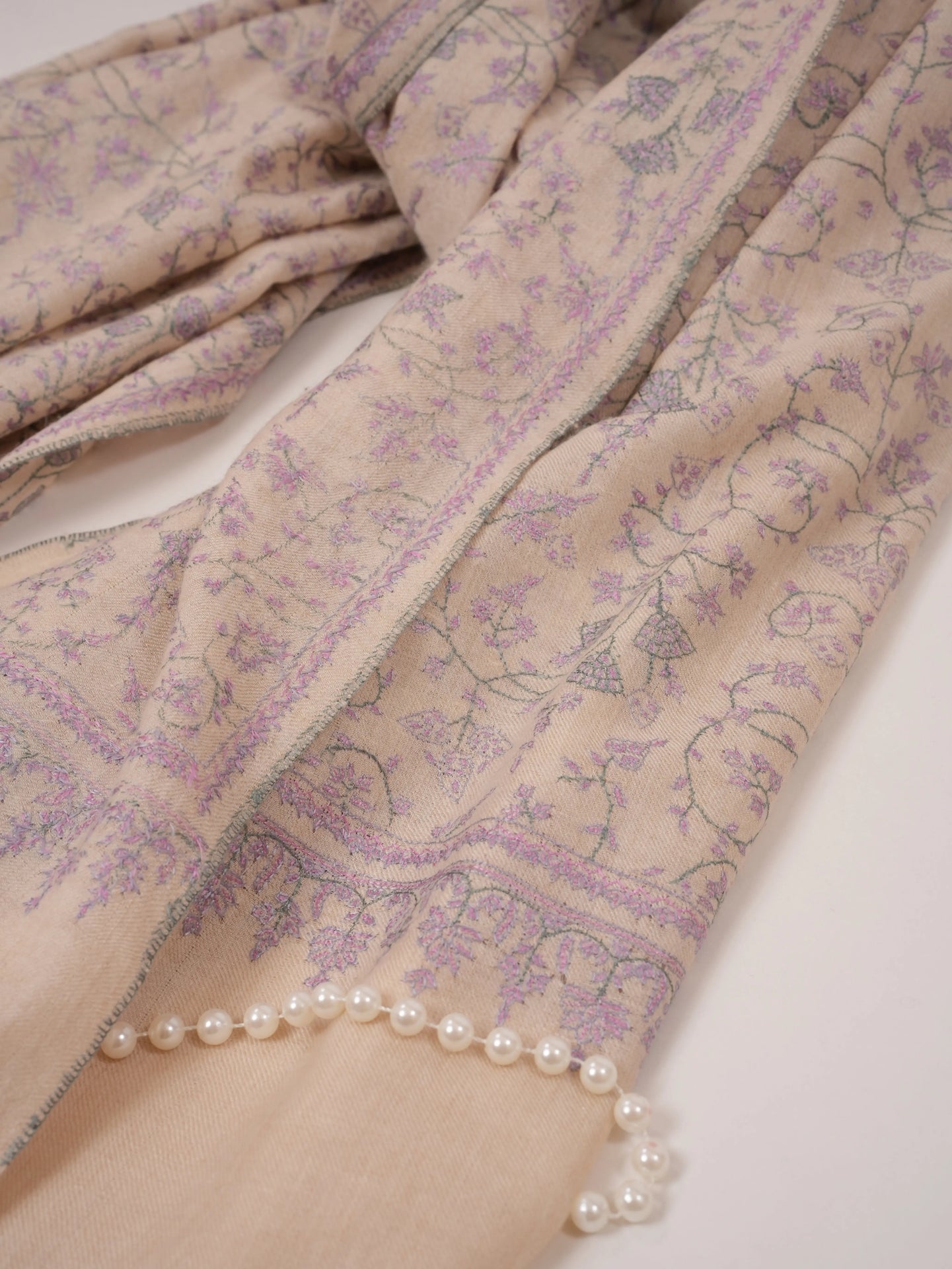 White Jali Pure Pashmina Shawl Embroidered Using Kashmiri Mulberry Silk Shahkaar.com
