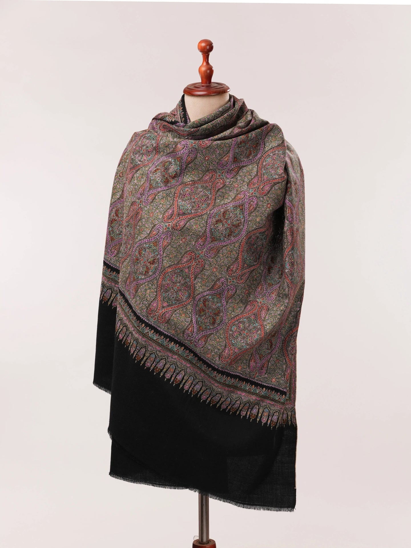 Black Pure Pashmina Shawl with Fine Silk Hand Embroidery in Jamavar Motif Shahkaar.com