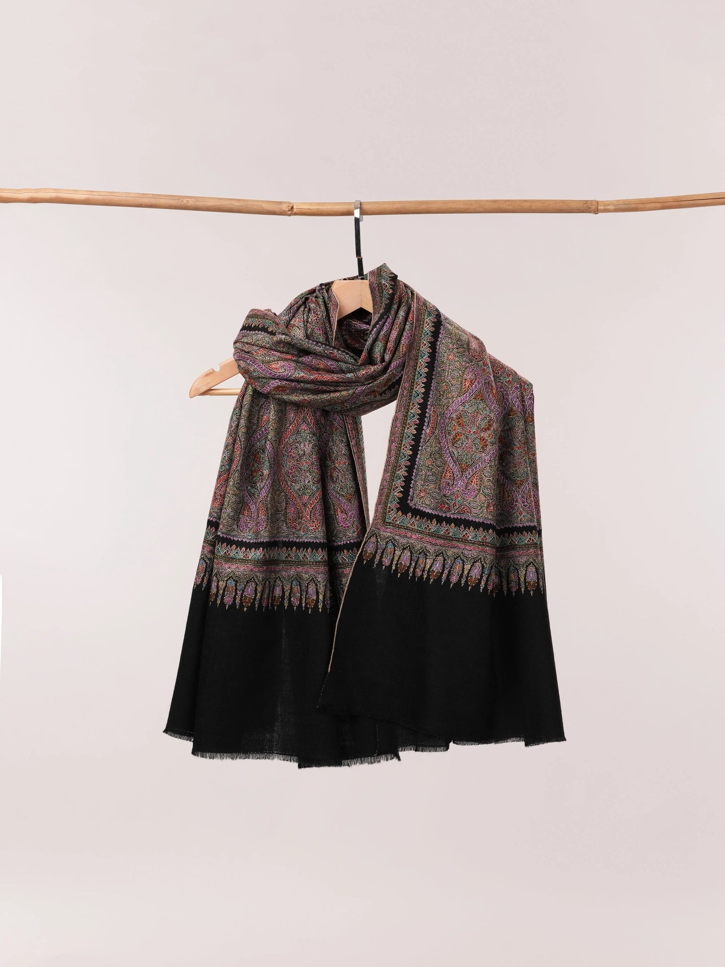 Black Pure Pashmina Shawl with Fine Silk Hand Embroidery in Jamavar Motif Shahkaar.com