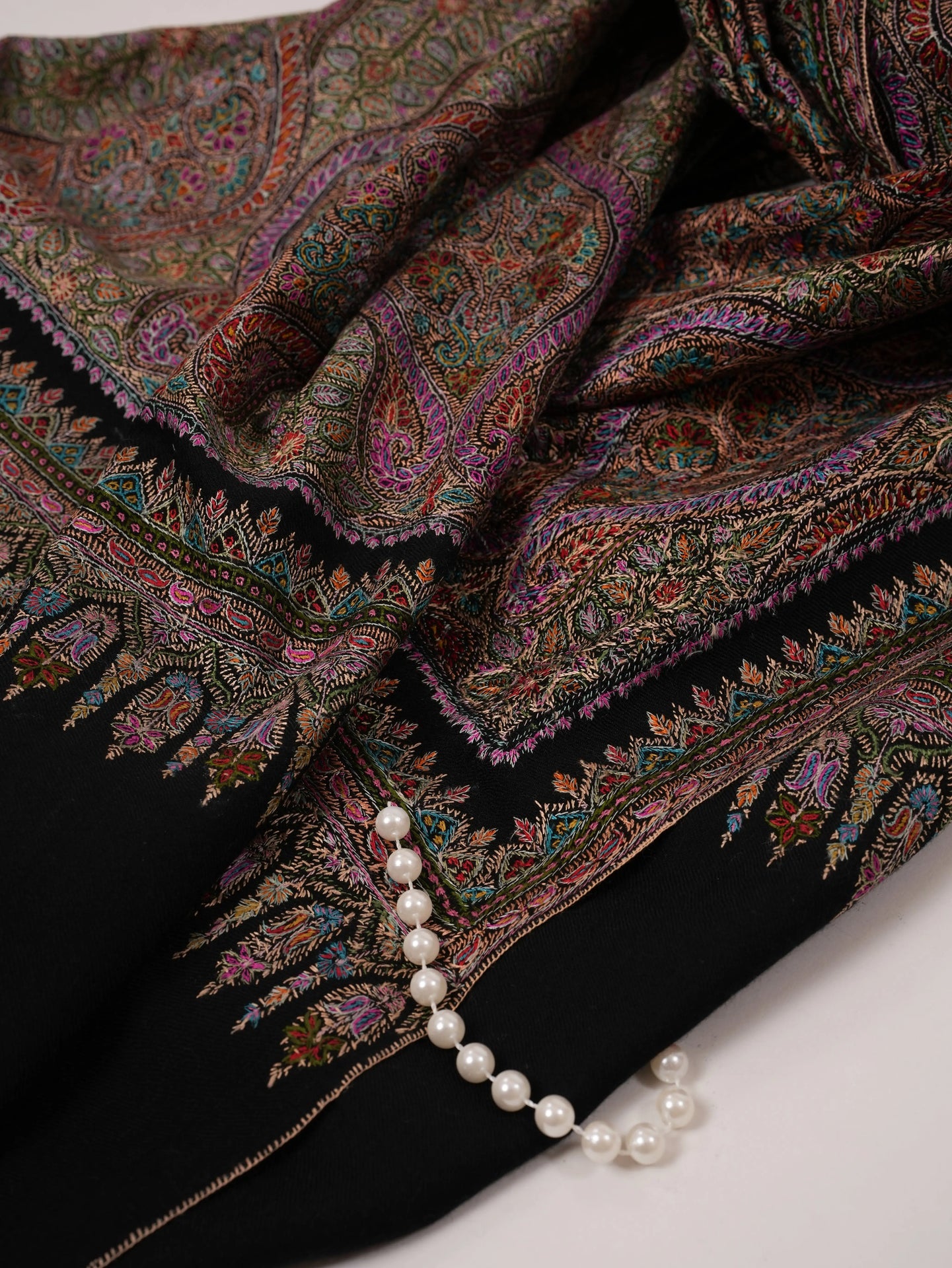 Black Pure Pashmina Shawl with Fine Silk Hand Embroidery in Jamavar Motif Shahkaar.com