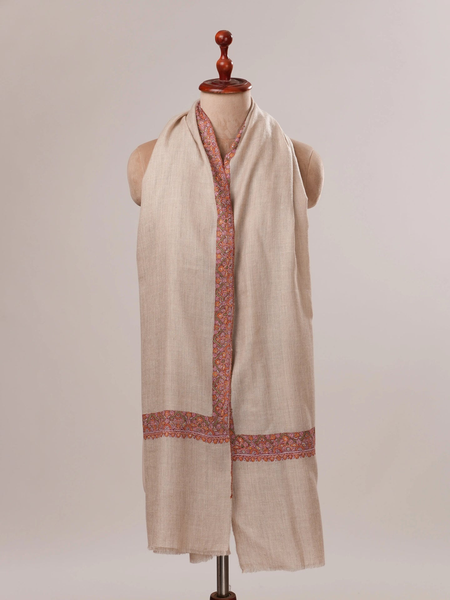 Natural Grey Pure Pashmina Shawl with Classic Neemdaur Hand Embroidery Shahkaar.com