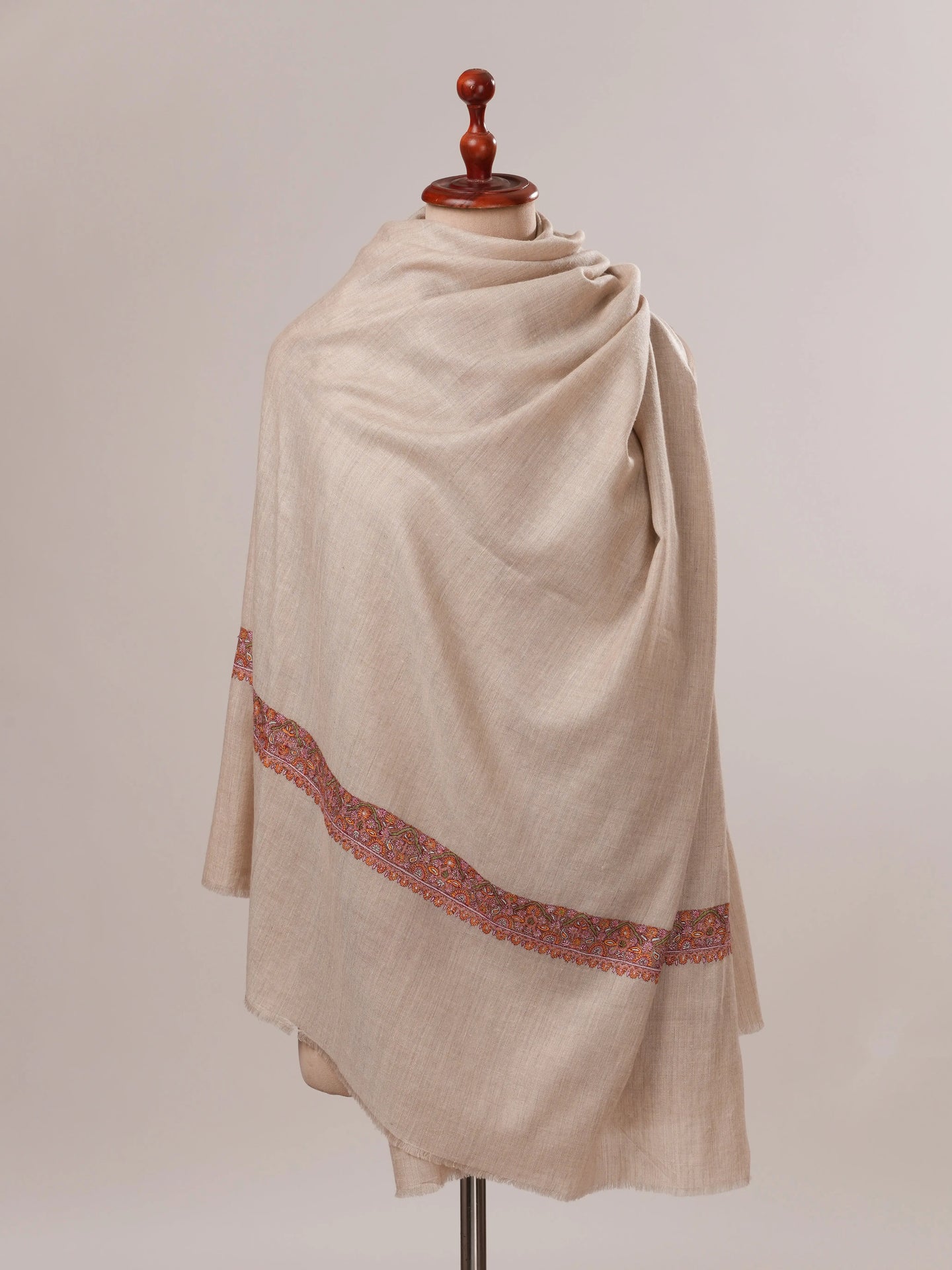 Natural Grey Pure Pashmina Shawl with Classic Neemdaur Hand Embroidery Shahkaar.com