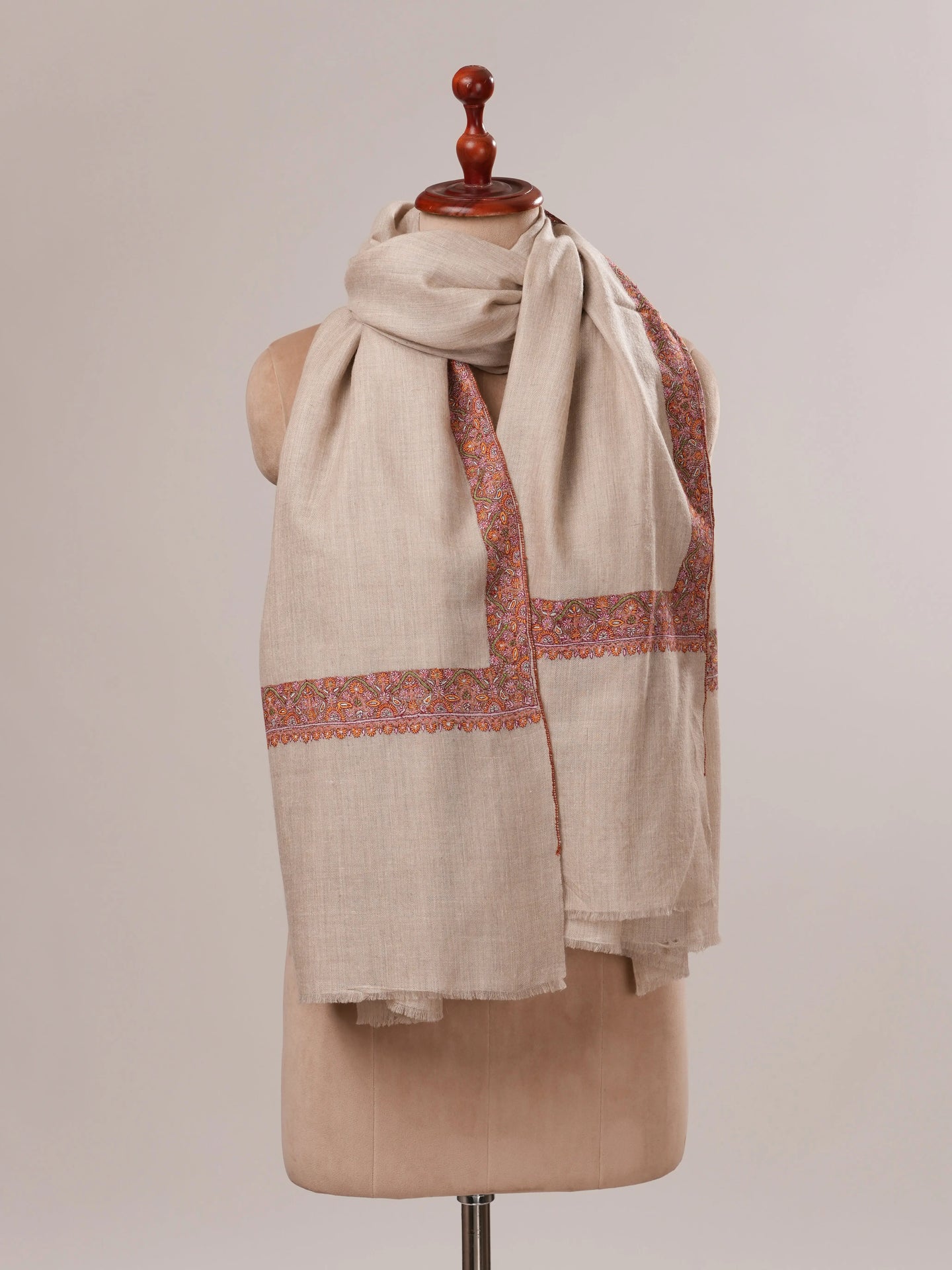 Natural Grey Pure Pashmina Shawl with Classic Neemdaur Hand Embroidery Shahkaar.com