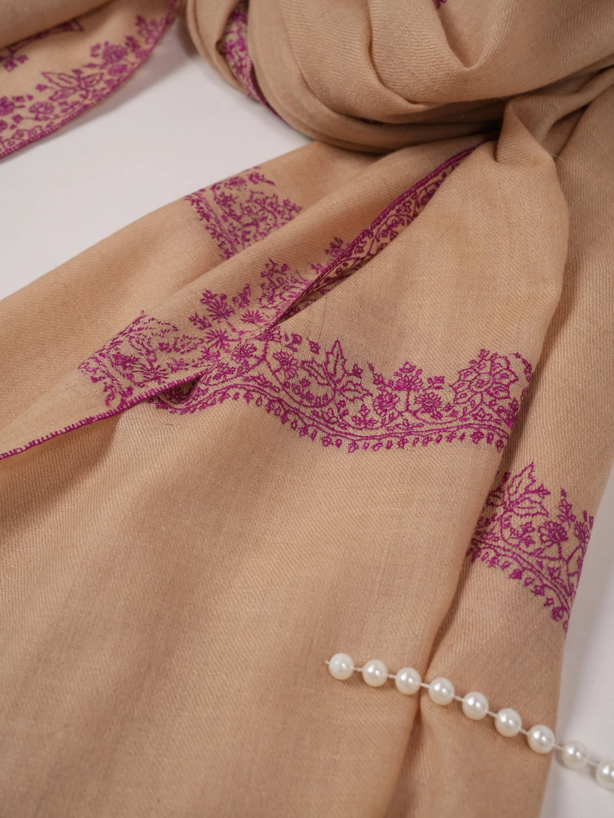 Hashidar Sozni Embroidered Tan Pashmina Shawl