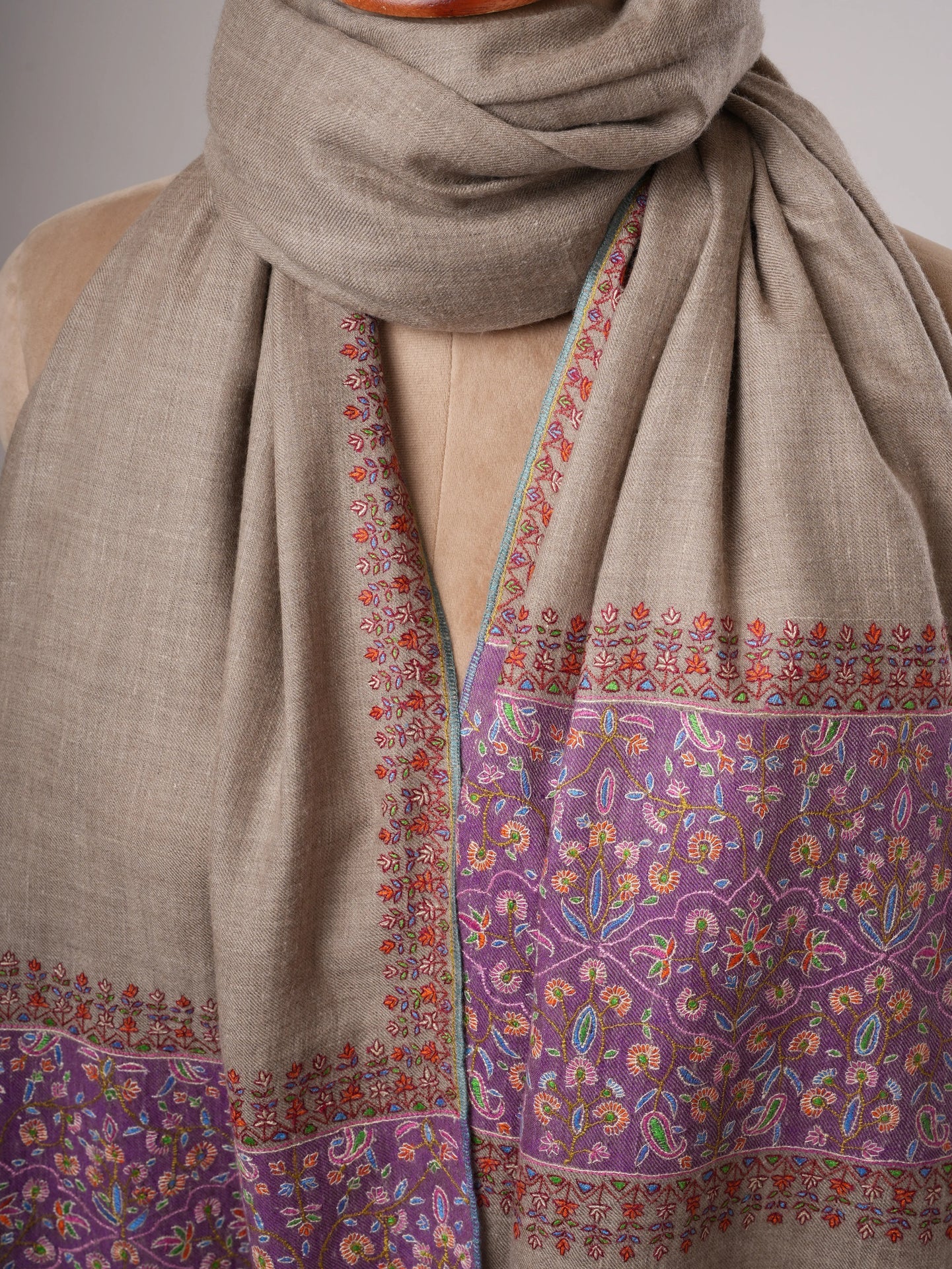 Natural Grey Kashmiri Pashmina Shawl – Palla Purple Sozni Embroidery Shahkaar