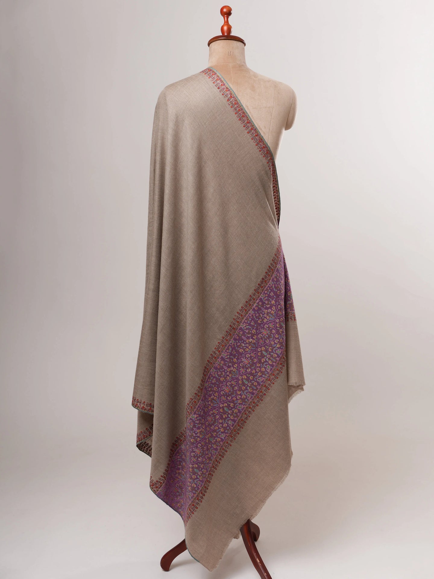 Natural Grey Kashmiri Pashmina Shawl – Palla Purple Sozni Embroidery Shahkaar