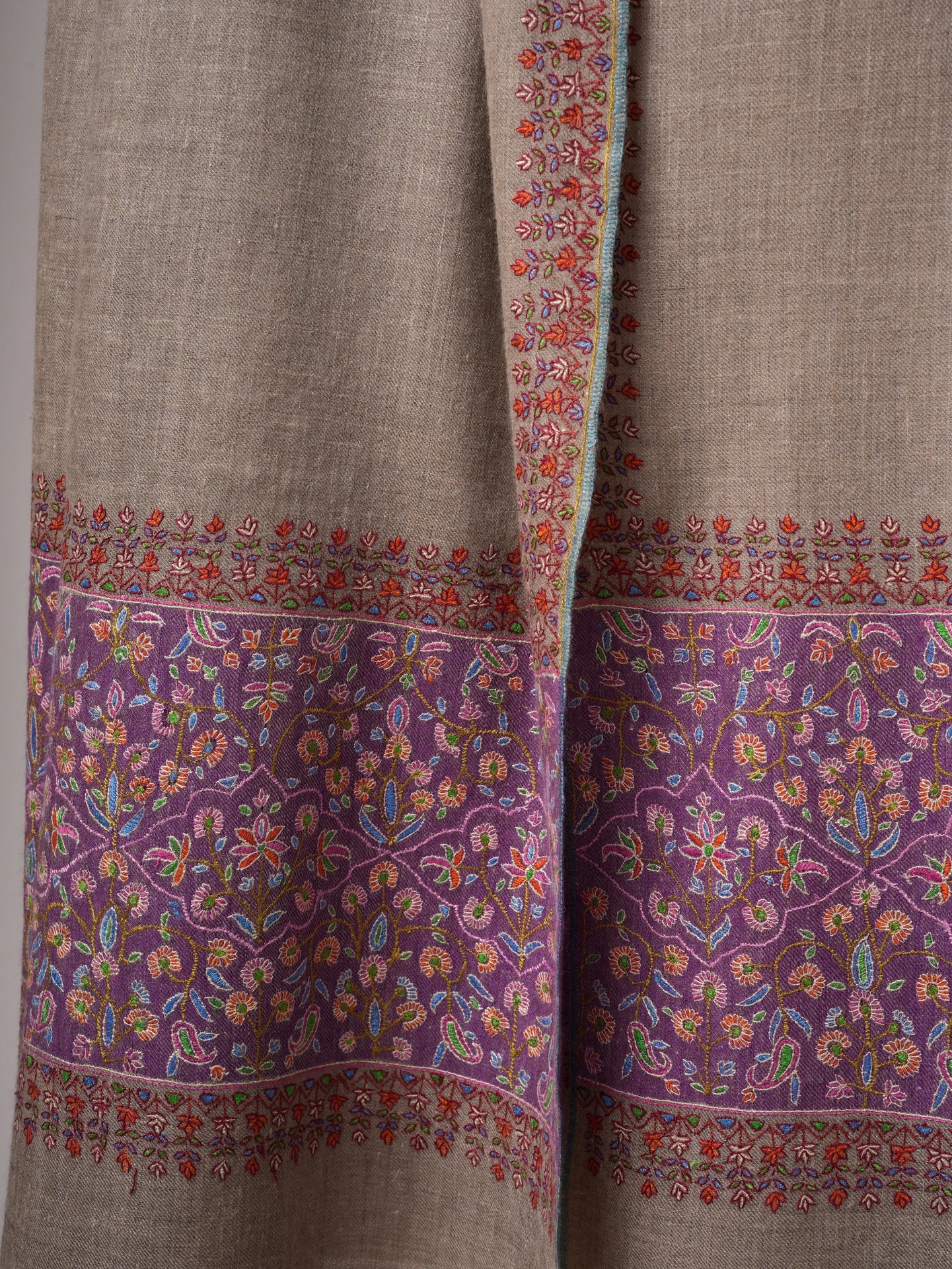 Natural Grey Kashmiri Pashmina Shawl – Palla Purple Sozni Embroidery Shahkaar