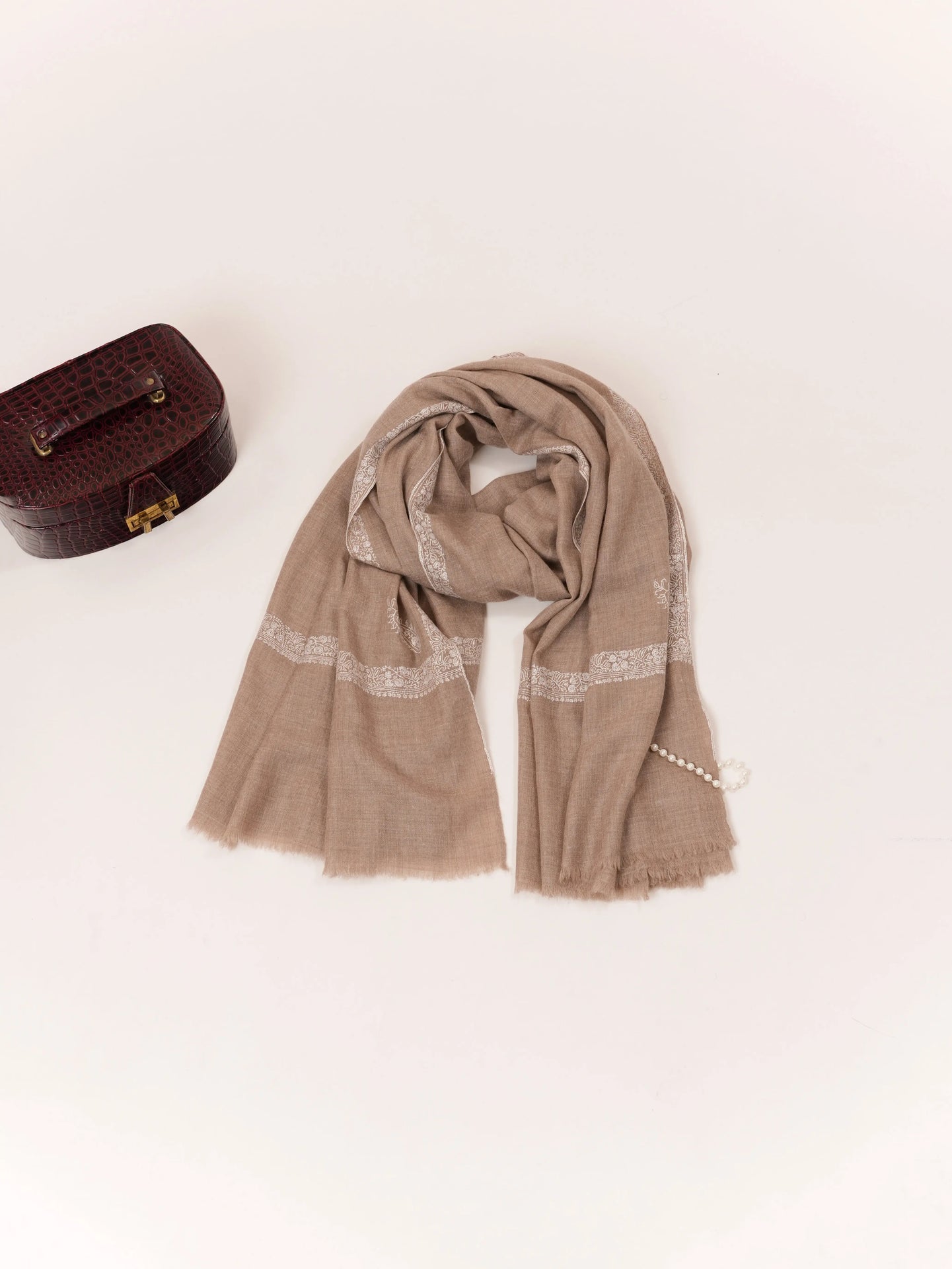 Beige Kashmiri Handwoven Pashmina Shawl with White Sozni Embroidery Shahkaar.com