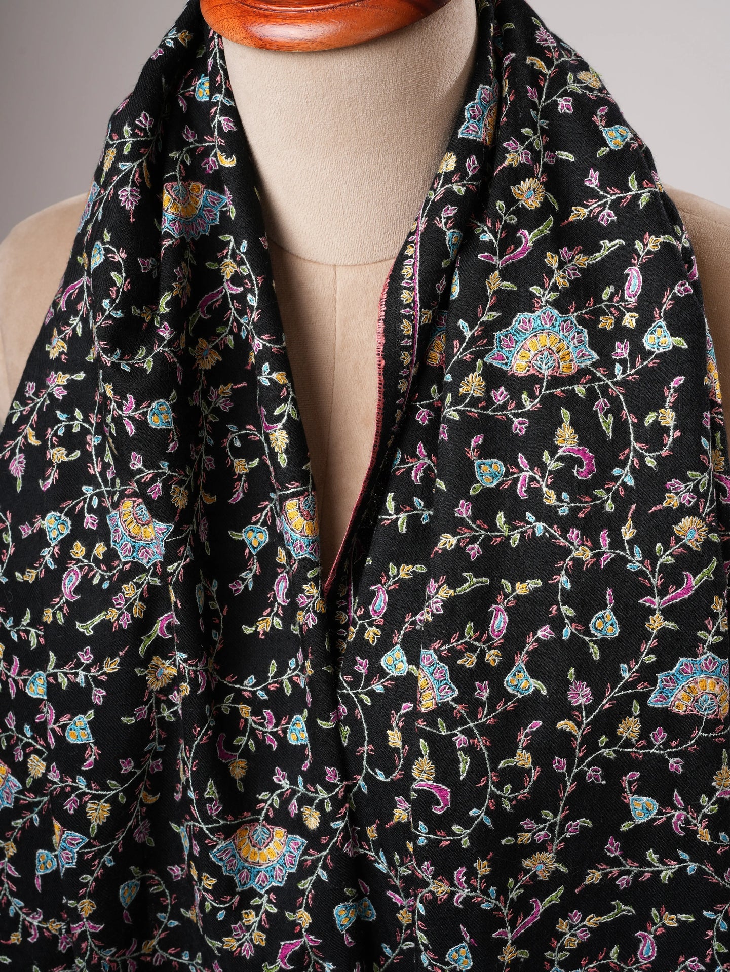 Black Authentic Kashmiri Pashmina with Fine Sozni Embroidery Shahkaar