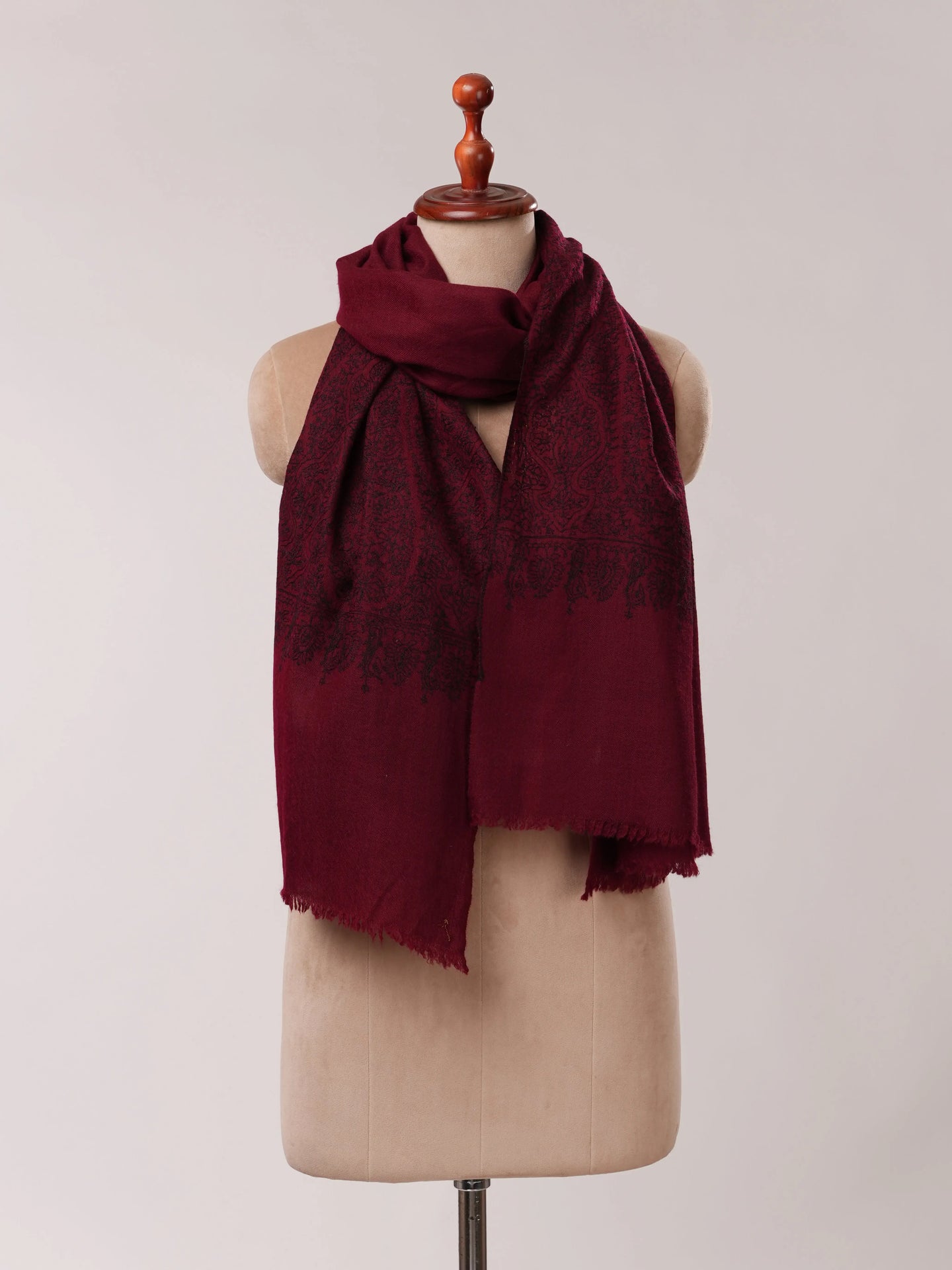 Maroon Cashmere Scarf with Black Hand Embroidery Shahkaar.com