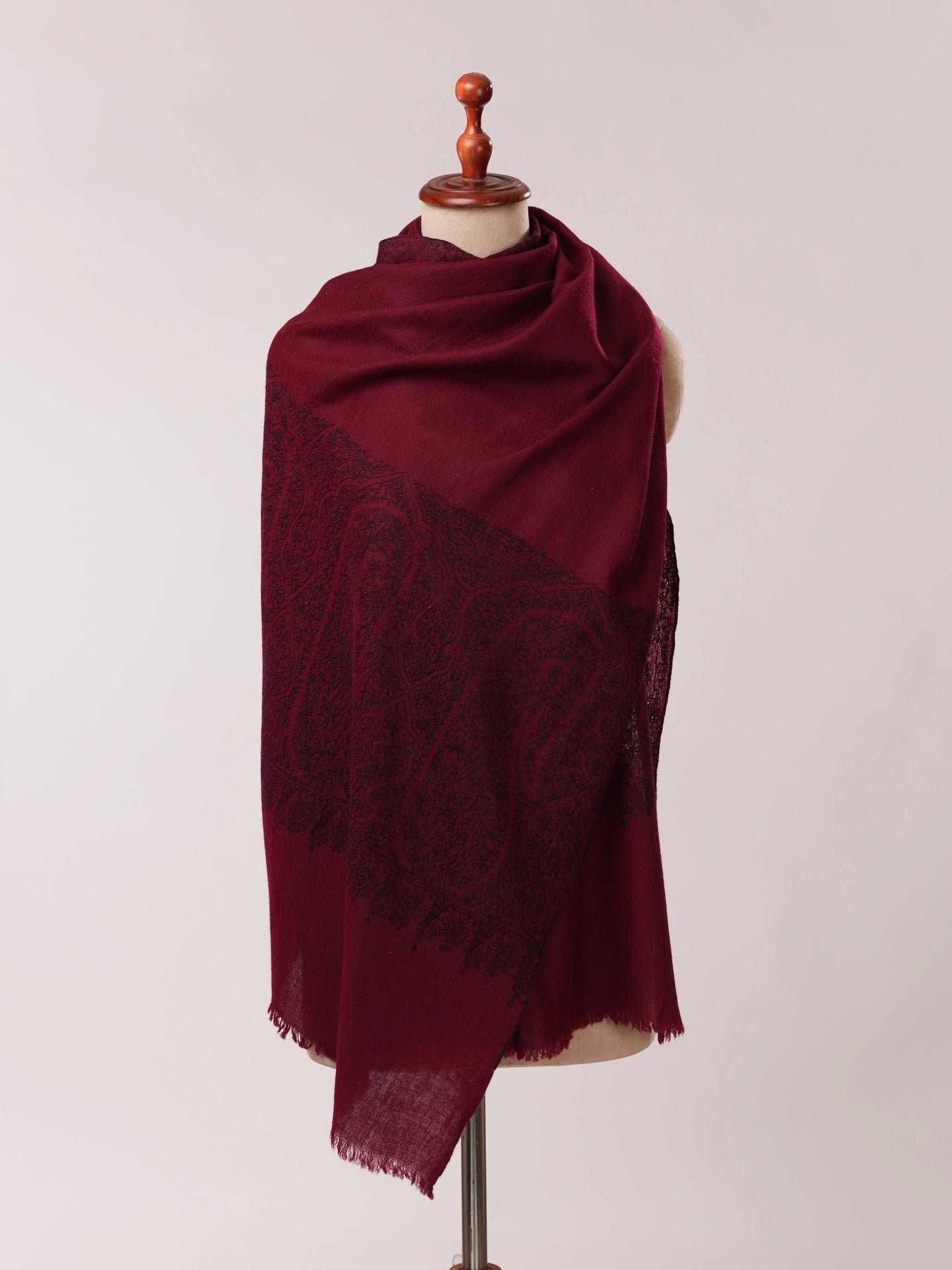 Maroon Cashmere Scarf with Black Hand Embroidery Shahkaar.com