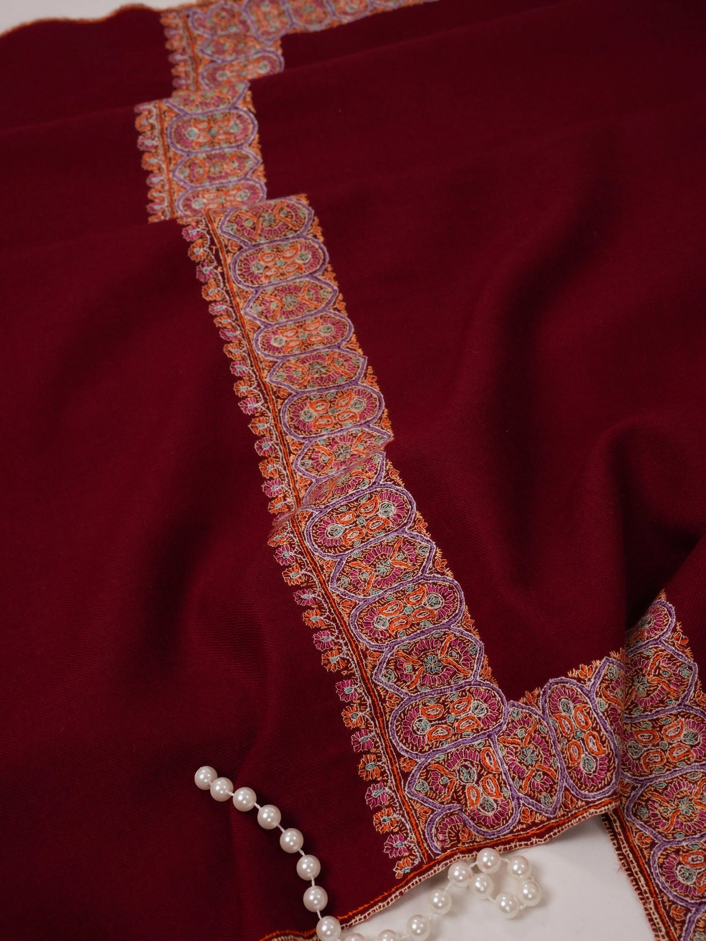 Maroon Neemdaur Hand Embroidered Pure Pashmina Shawl Shahkaar.com