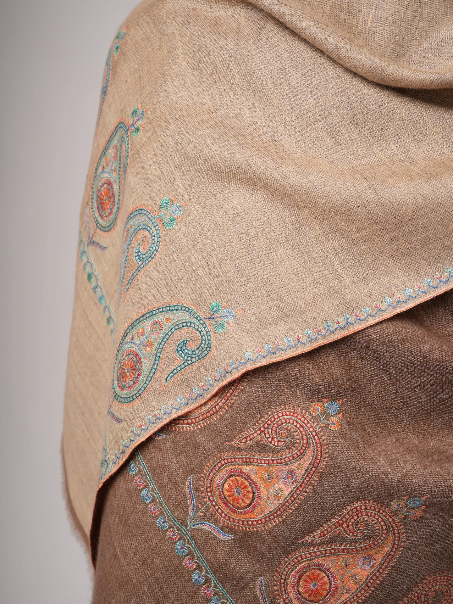 Dual Shade Pashmina Shawl – Hand Embroidered Aksi Design Shahkaar