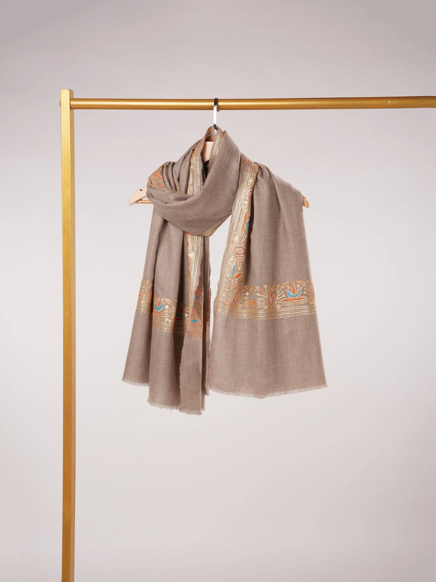 Tilla Embroidered Daurdar Natural Taupe Handwoven Pashmina Shawl from Kashmir Shahkaar.com