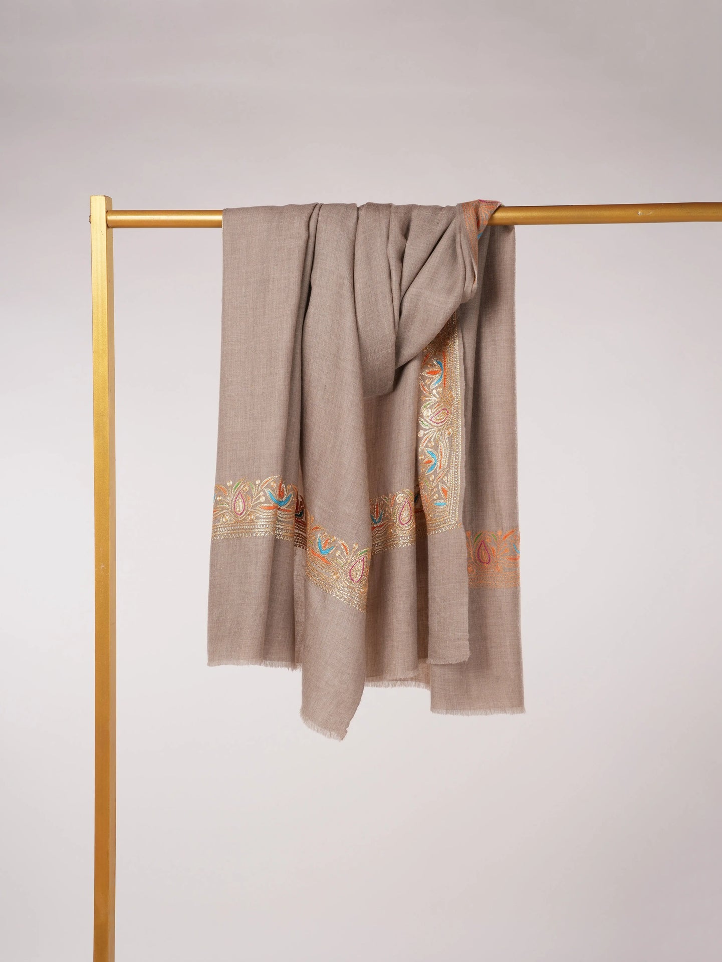 Tilla Embroidered Daurdar Natural Taupe Handwoven Pashmina Shawl from Kashmir Shahkaar.com