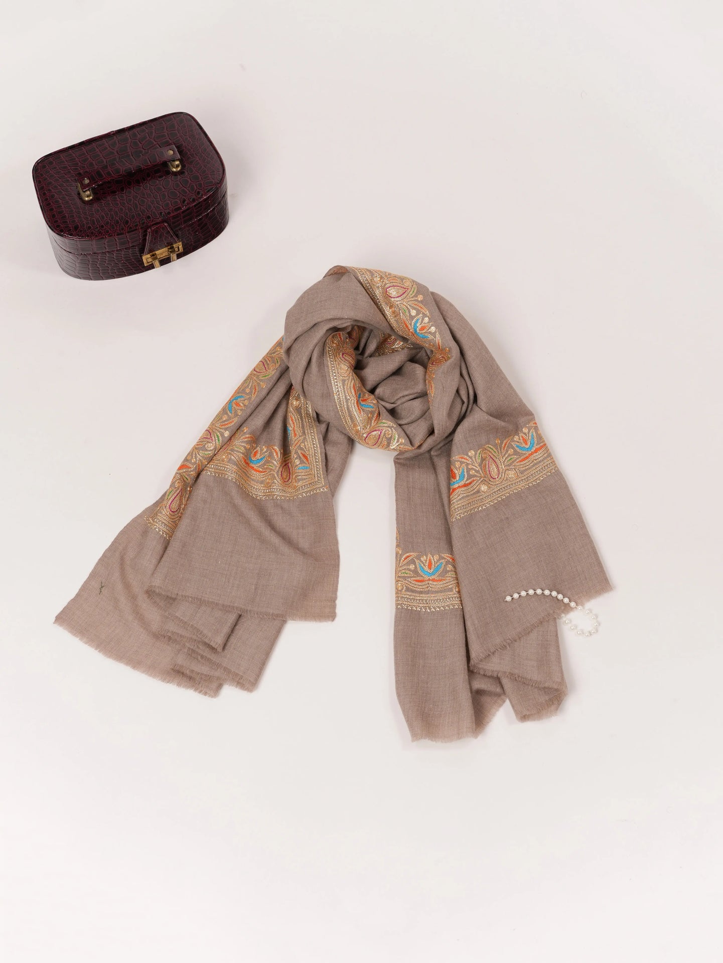 Tilla Embroidered Daurdar Natural Taupe Handwoven Pashmina Shawl from Kashmir Shahkaar.com