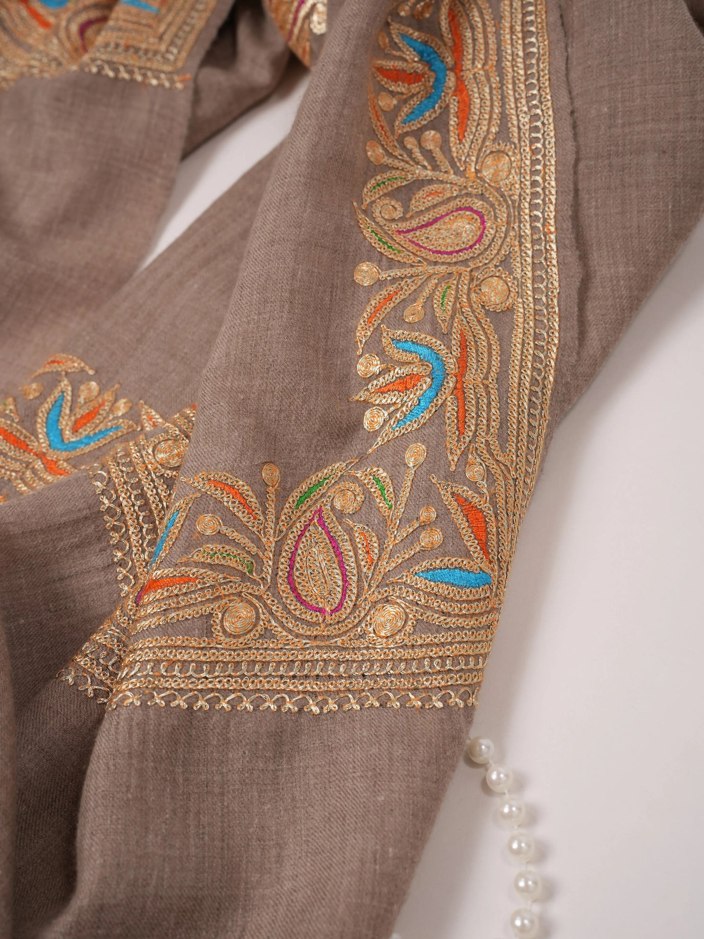 Tilla Embroidered Daurdar Natural Taupe Handwoven Pashmina Shawl from Kashmir Shahkaar.com