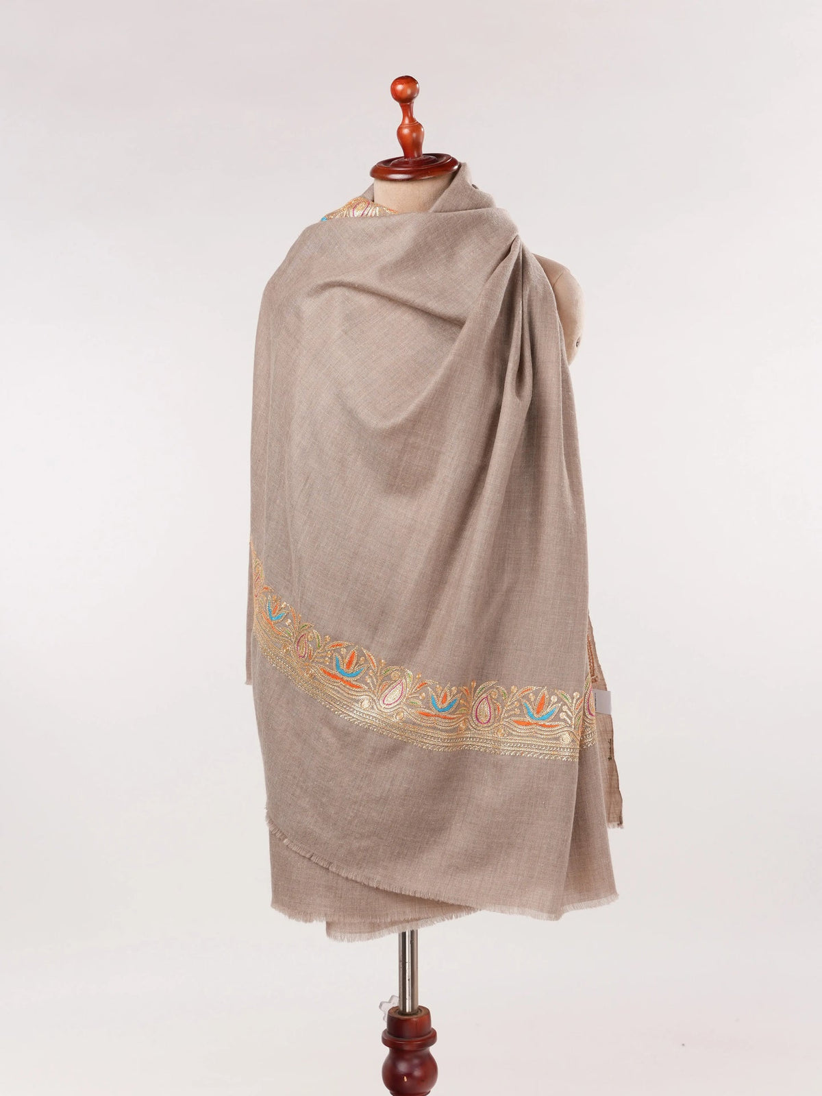 Tilla Embroidered Daurdar Natural Taupe Handwoven Pashmina Shawl from Kashmir Shahkaar.com