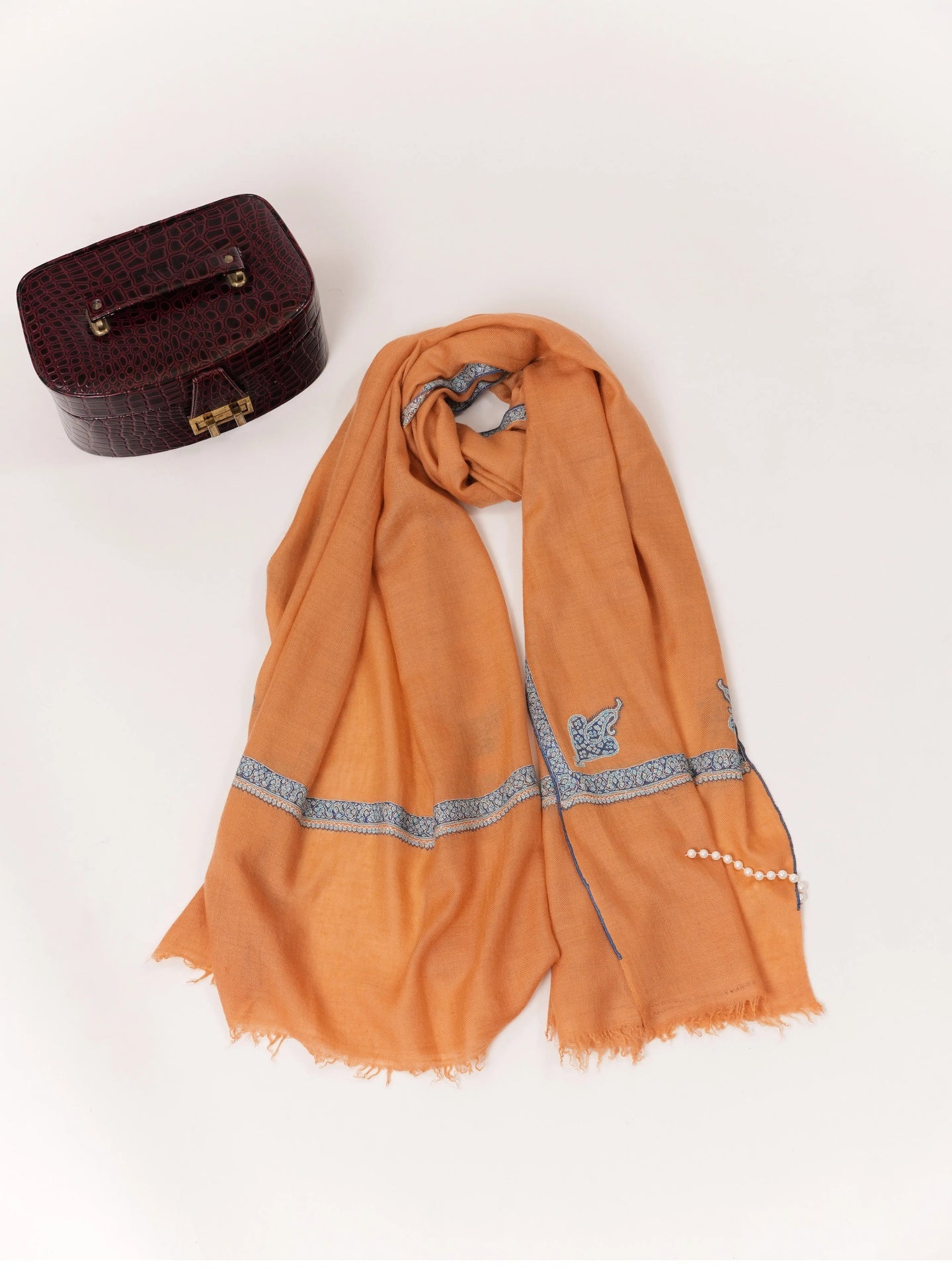 Orange Hashia Hand Embroidered Featherlight Cashmere Scarf Shahkaar.com