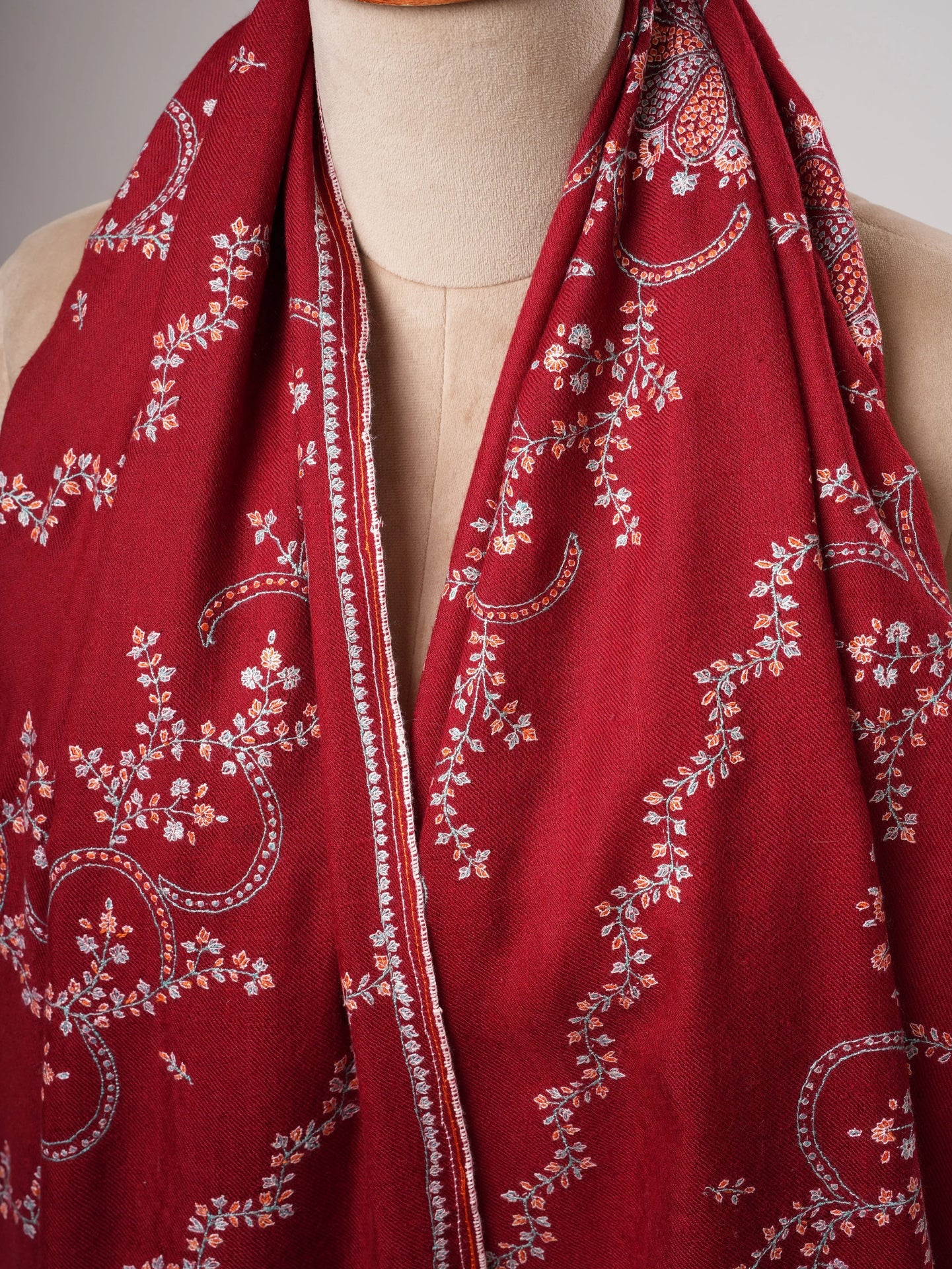 Red Kashmiri Pashmina Shawl with Khatras Sozni Hand Embroidery Shahkaar