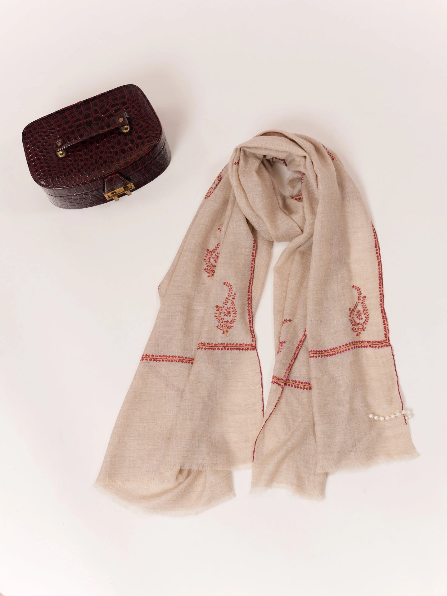 Natural Taupe Handwoven Cashmere Scarf with Sozni Hand Embroidery Shahkaar.com