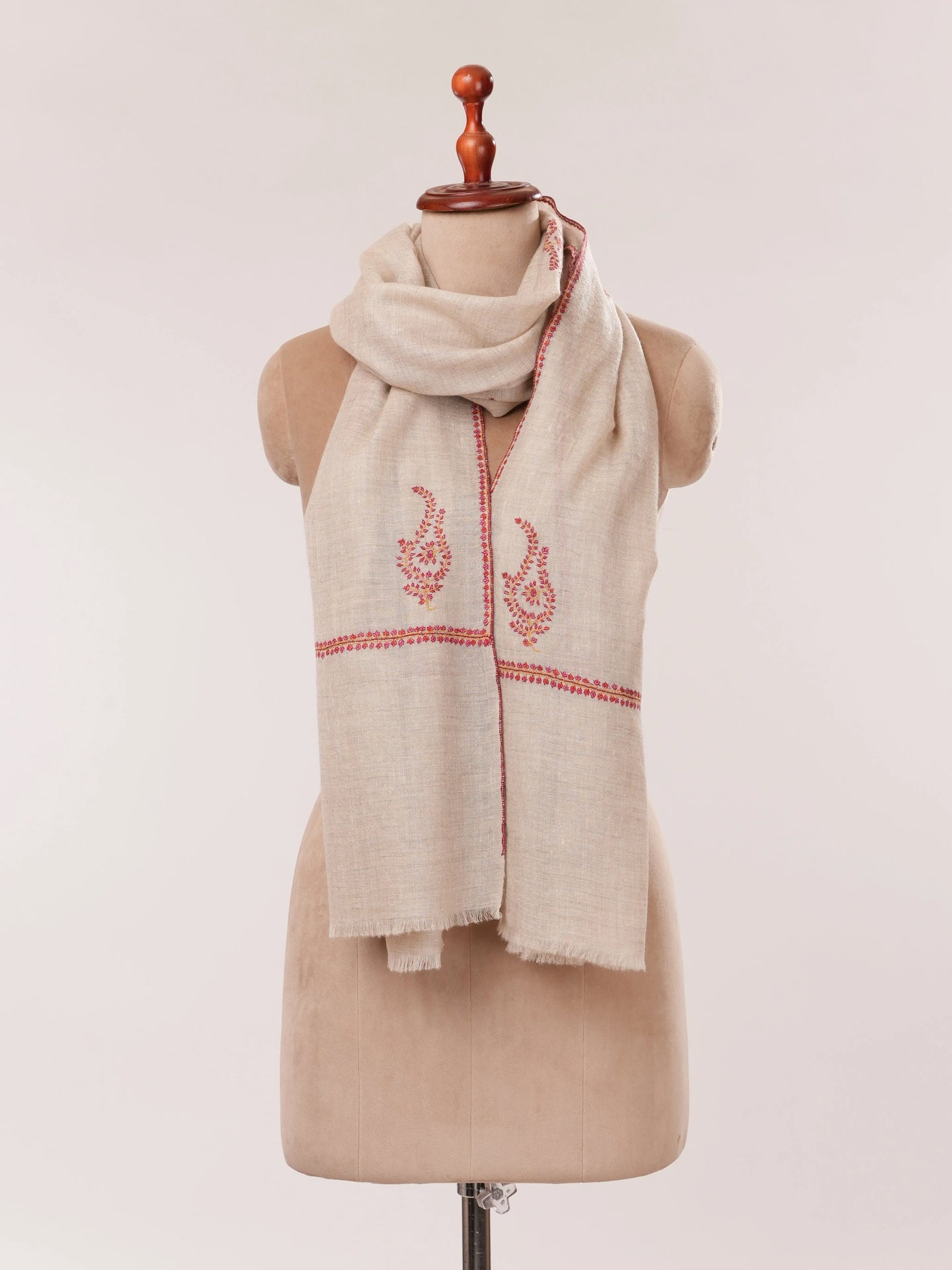 Natural Taupe Handwoven Cashmere Scarf with Sozni Hand Embroidery Shahkaar.com